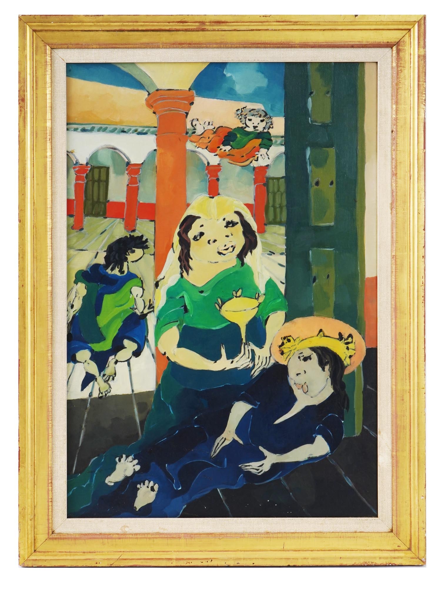 AMERICAN SURREALIST OIL PAINTING BY COCK VAN GENT: Oil on board painting by Cock Van Gent, 1925 to 1963, a Dutch-American artist. The artwork depicts a multi-figure religious scene located in the monastery courtyard. Undated, unsigned. Golden frame. C