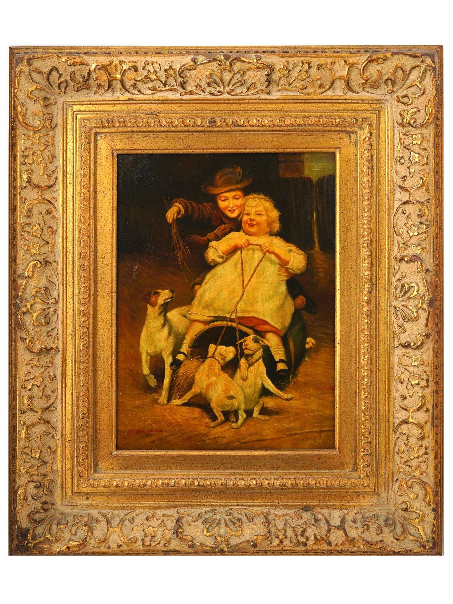 KIDS OIL PAINTING BY BINGHAM AFTER ARTHUR ELSLEY: N Henry Bingham, American, born 1939, oil painting on wood board depicting a rural genre scene with a boy and a girl with puppies playing in the hayloft, after the original oil painting, Children Play