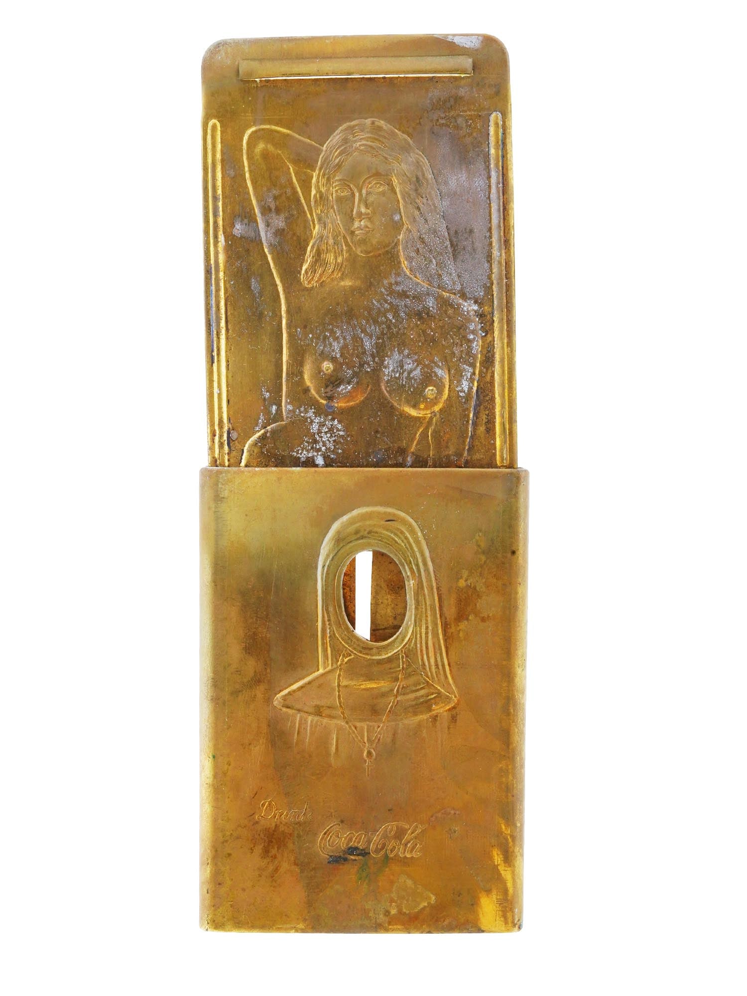 TRANS PAN EXPOSITION COCA COLA NUN BELT BUCKLE 1915: An antique, 1915 Coca Cola brass belt buckle with a nun and nude woman. The front represents an embossed Catholic nun in a Coca Cola advertisement. The inner part reveals a female nude. Marked A Coca 