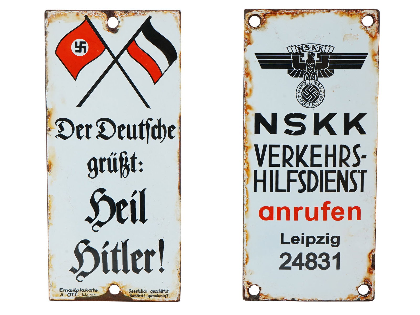 WWII NAZI GERMAN PROPAGANDA STREET SIGN PLATES: A pair of World War II Nazi German type enameled metal plate street signs. The first sign is enameled with an image of crossed the Third Reich flag and the flag of the German Empire, and inscribed in 