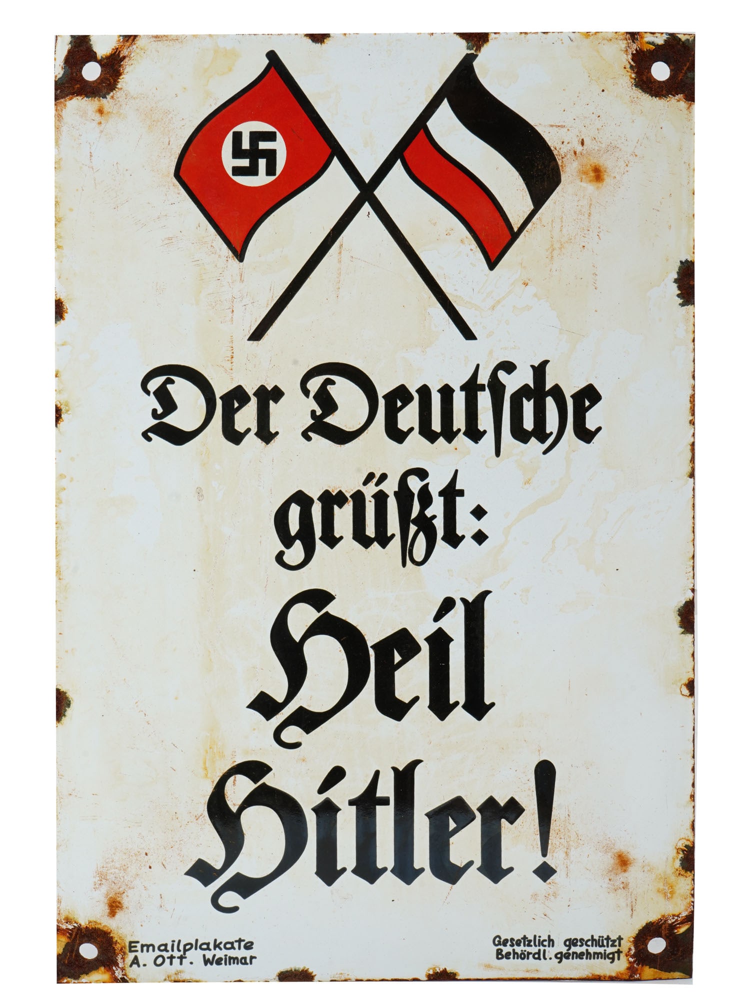 WWII NAZI GERMAN NSDAP ENAMEL PROPAGANDA STREET SIGN: A World War II Nazi German type enameled iron plate street sign. The sign is enameled with an image of crossed the Third Reich flag and the flag of the German Empire, and inscribed in German, Der Deut