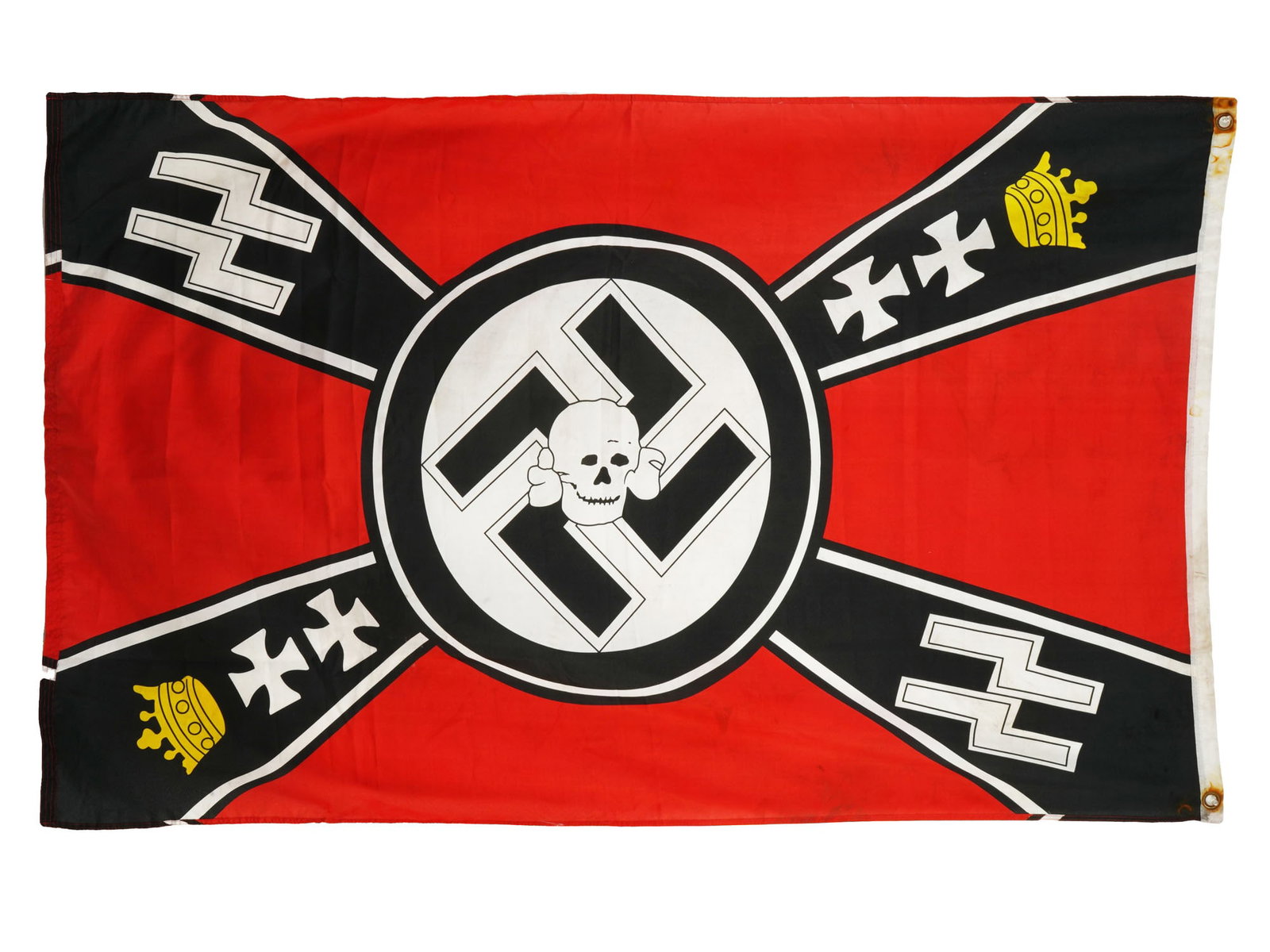 WWII GERMAN TYPE FLAG FOR THE SS HEIMWEHR DANZIG: A WWII Nazi German type SS Heimwehr Danzig 1939 flag. Made of cotton. The flag features SS runes, crosses with crowns, swastika insignias and a totenkopf skull on a swastika insignia in the center. Se