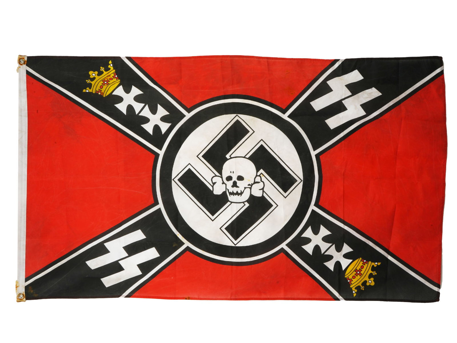 WWII GERMAN TYPE FLAG FOR THE SS HEIMWEHR DANZIG: A WWII Nazi German type SS Heimwehr Danzig 1939 flag. Made of cotton. The flag features SS runes, crosses with crowns, swastika insignias and a totenkopf skull on a swastika insignia in the center. Se