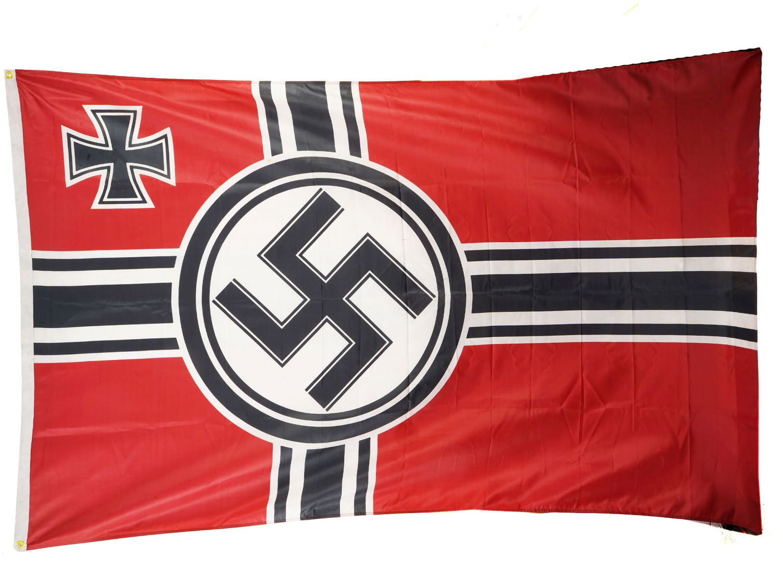 WWII NAZI GERMAN MODEL THIRD REICH BATTLE FLAG: A WWII model Nazi German Third Reich Battle Flag featuring the fusion of elements of the Nazi German Flag, such as a swastika and red background, with that of the old Imperial Reich War Flag with four