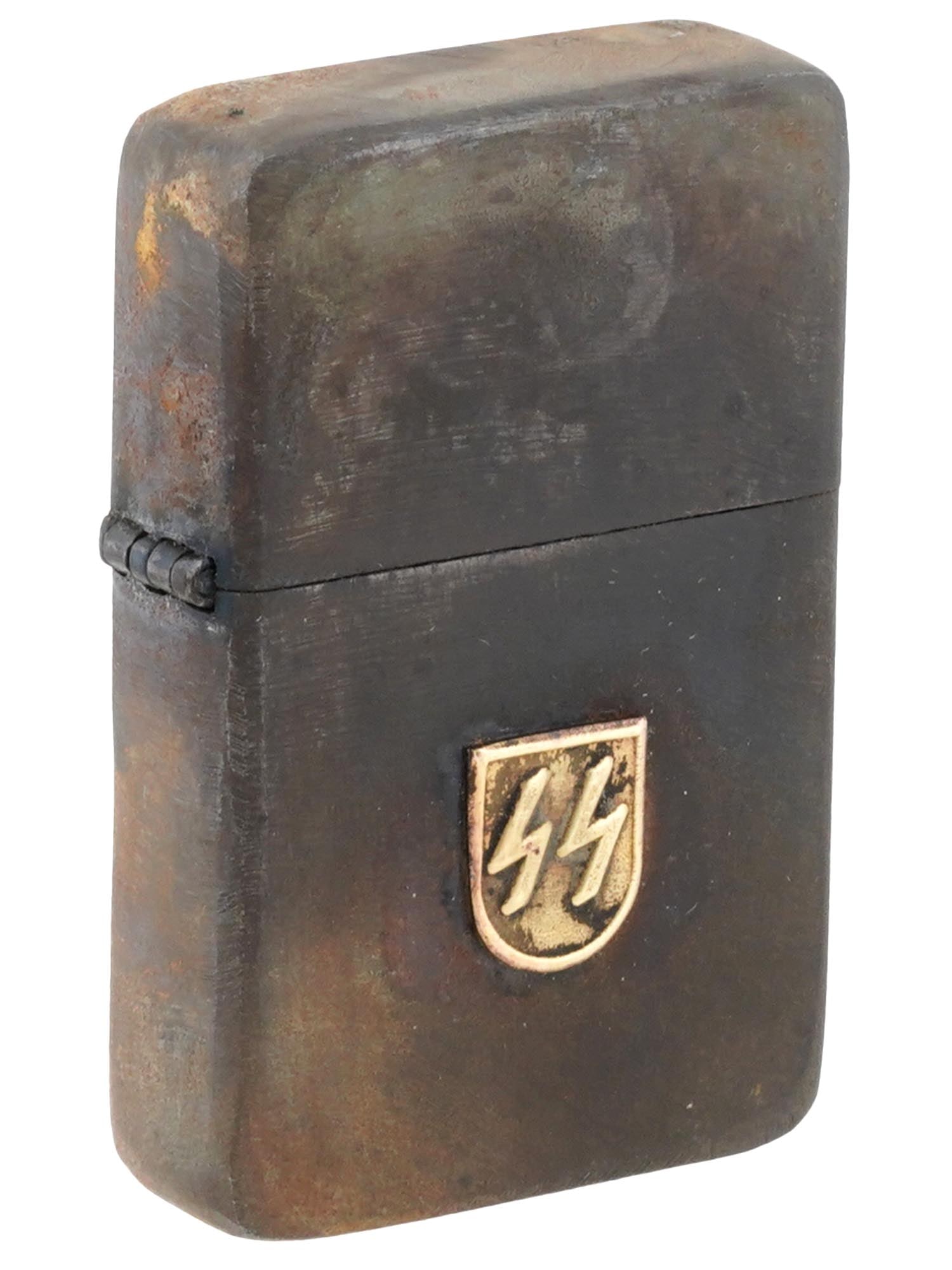 WWII GERMAN TYPE WAFFEN SS POCKET CIGARETTE LIGHTER: A World War II type Nazi German Waffen SS pocket gas lighter. Stainless steel body decorated with a gold tone overlay with SS runes. Marked with the year, on the bottom. Second World War Historical Co