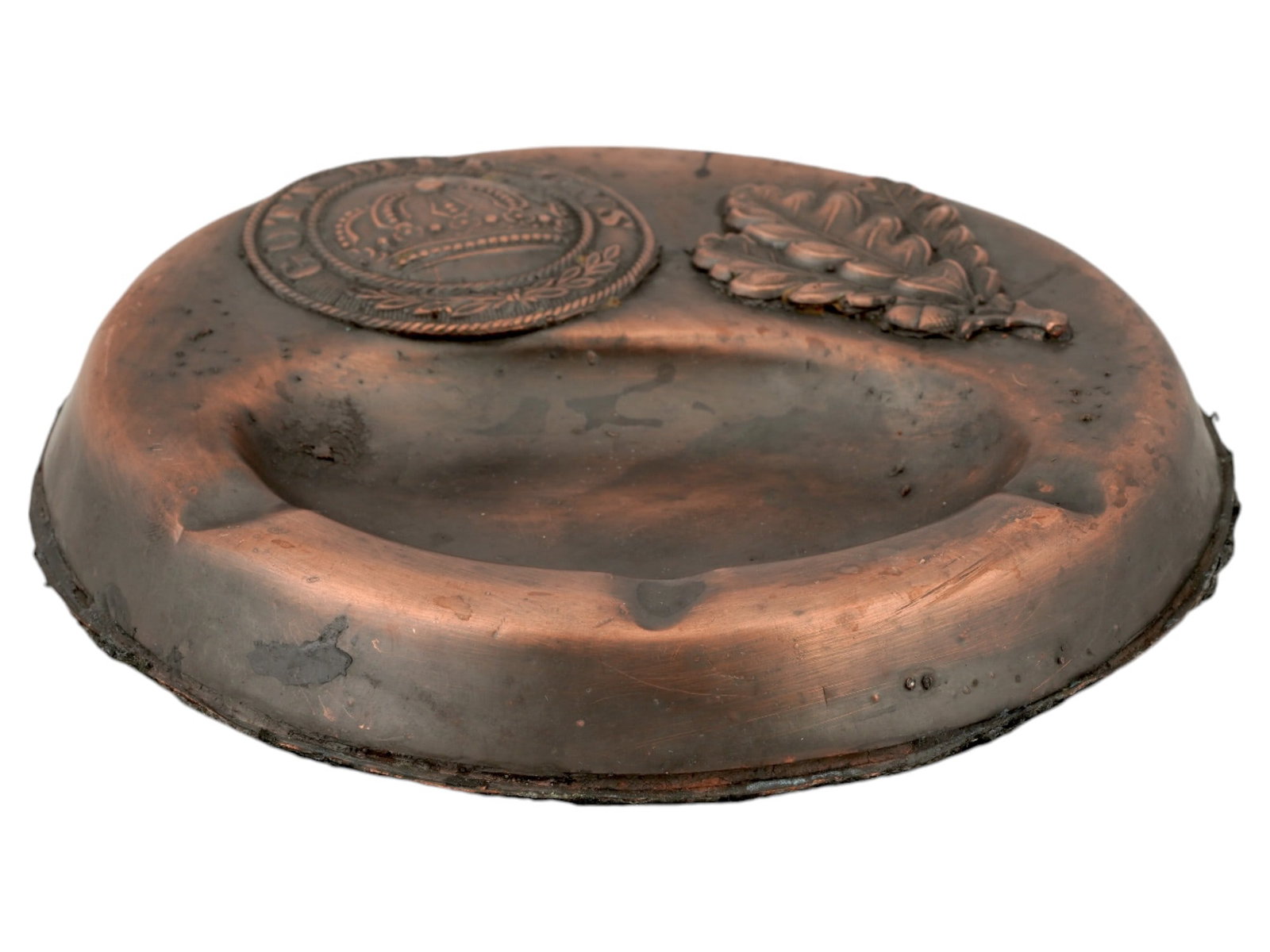 WWII NAZI GERMAN THIRD REICH TYPE METAL ASHTRAY: A WWII Nazi German Third Reich type patinated metal ashtray. The ashtray features a relief medallion with a crown in the center, and inscribed with the motto, Gott Mit Uns, God With Us, and a branch o