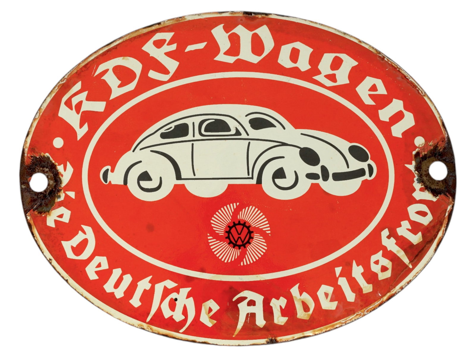 WWII NAZI GERMAN TYPE PROPAGANDA IRON STREET SIGN: A World War II Nazi German type enameled iron plate street sign. The sign is a VW KDF beetle car advertising sign, enameled metal plate of an oval form, inscribed, Fragen um den KDF Wagen, depicting a
