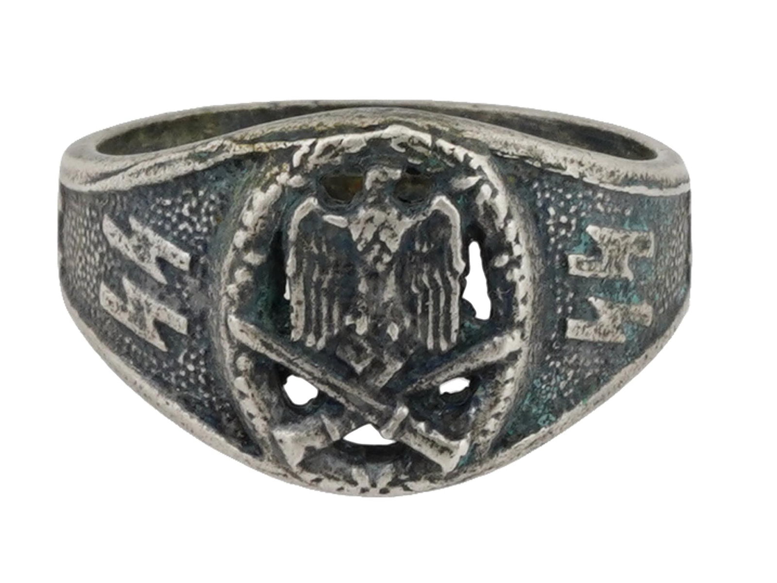 WWII TYPE NAZI GERMAN WAFFEN SS SILVER SIGNET RING: A World War II model German Waffen SS silver signet ring. Pierced Reichslader with two swords and SS runes. Marked 800 on the inside.Total Weight: 6.7 grams. Second World War Third Reich Historical Co
