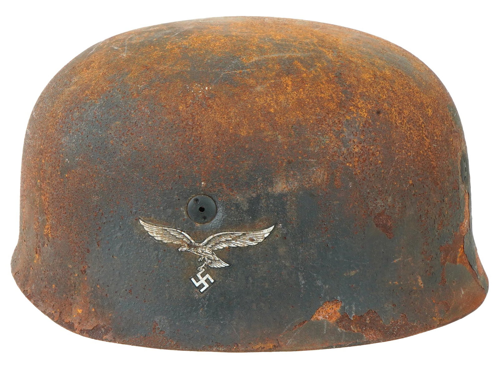 WWII MODEL NAZI GERMAN LUFTWAFFE PARATROOPER HELMET: A WWII Nazi German model Nordland Luftwaffe military paratrooper helmet. A steel helmet of matte grey tone with leather inner and straps inside. The helmet is decorated with a Luftwaffe eagle clutchin