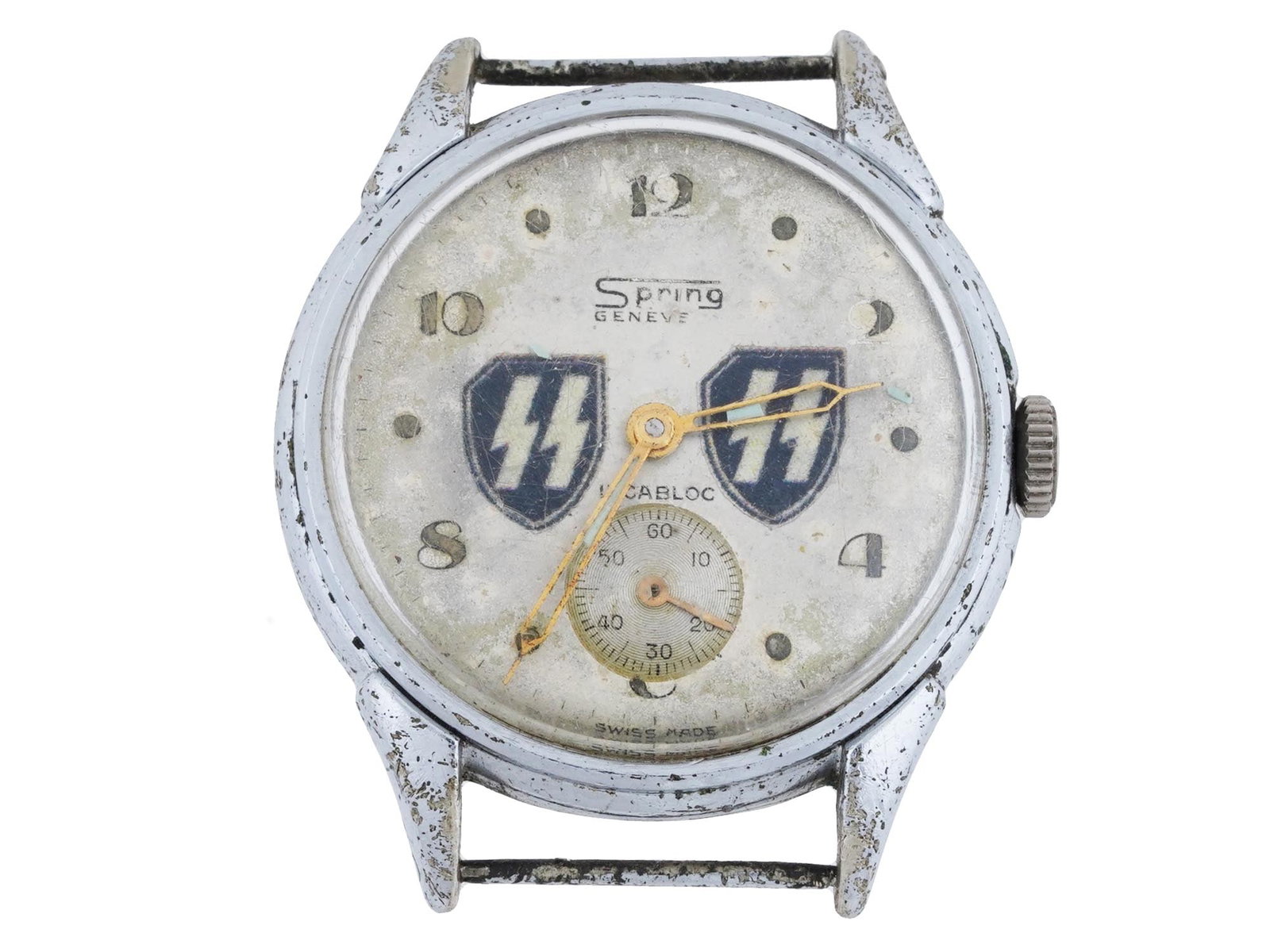 SMALL WWII NAZI GERMAN MODEL WAFFEN SS WRIST WATCH: A small WWII Nazi German model Waffen SS wrist watch. Swiss made. A white enamel dial with Arabic numerals and gold tone hands, and enameled SS runes, to the center right and left. Marked with a brand