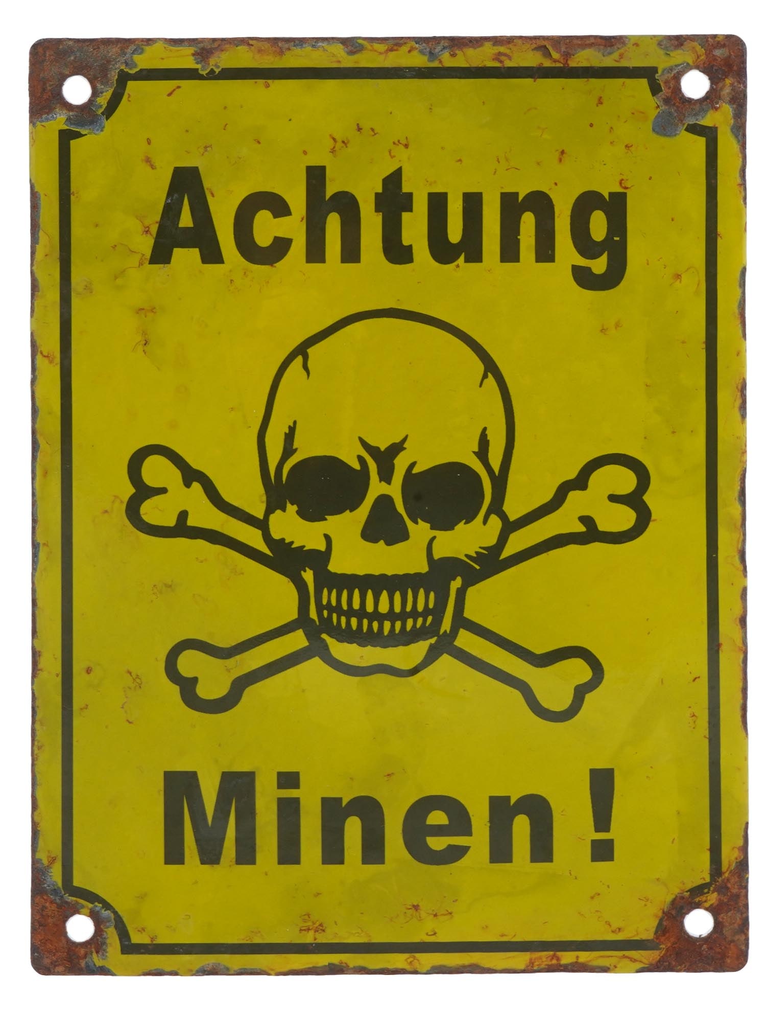 WWII NAZI GERMAN THIRD REICH SKULL ENAMEL IRON SIGN: A WWII Nazi German Third Reich enameled iron plate street sign. The sign is enameled with a skull on a yellow ground, and inscribed in German, Achtung Minen, Attention Bomb. Second World War Historica