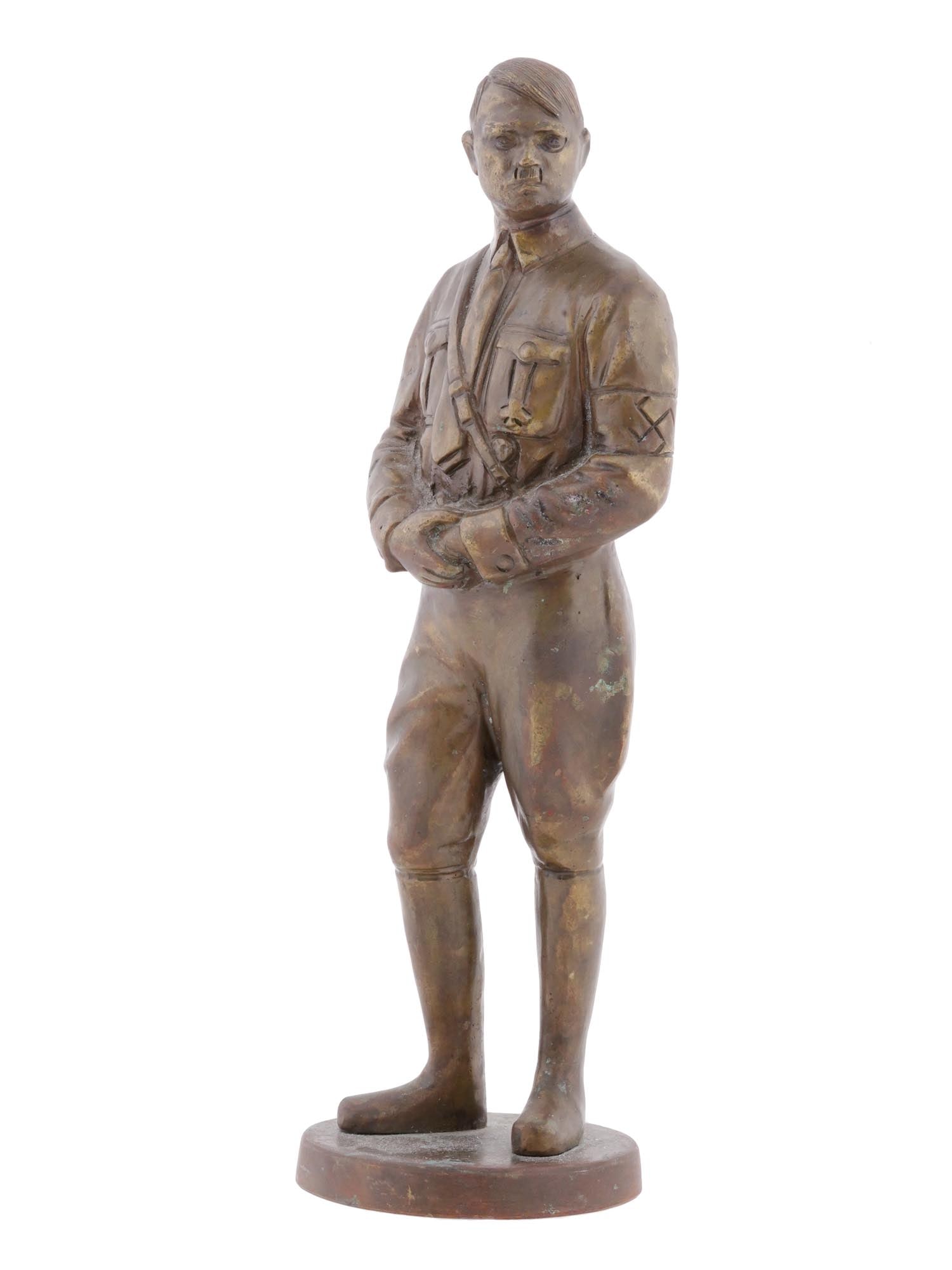 WWII NAZI GERMAN BRONZE STATUE OF ADOLF HITLER: A WWII Nazi German bronze statue of Adolf Hitler. On a round base. Second World War Historical Memorabilia And Nazi German Collectibles. Dimensions: Overall size: 4 x 10 in. All measurements are appro