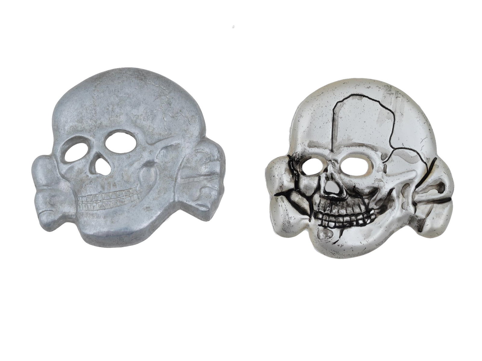2 WWII ALUMINUM GERMAN TOTENKOPF SS UNIFORM PINS: A lot of 2 WWII type Nazi German Third Reich Waffen SS Totenkopf aluminum swastika pins for attaching to uniforms. The insignias are made in the shape of a Totenkopf skull. WWII Era German Nazi Pins, 