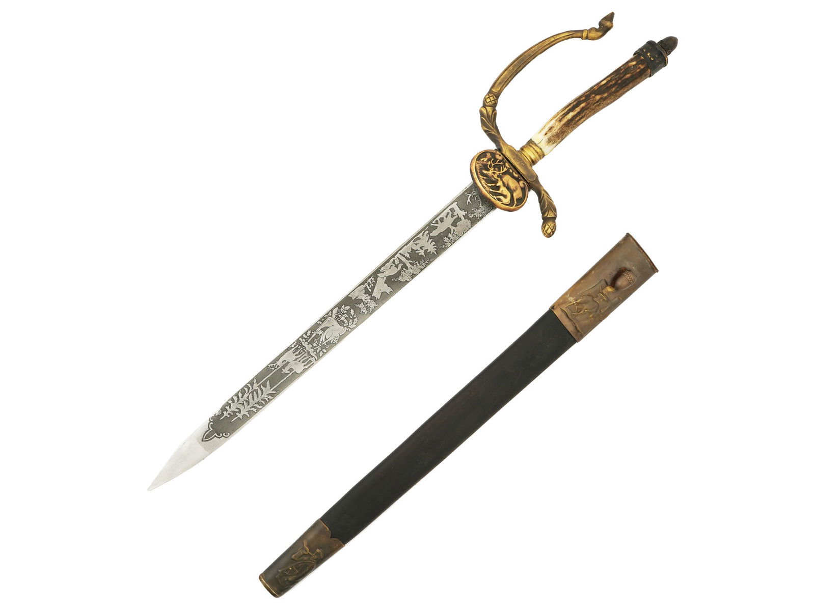 WWII GERMAN THIRD REICH TYPE HUNTING DAGGER W SCABBARD: A WWII Nazi German type hunting dagger featuring a double edged blade with the etched lettering Gott Mitt Uns, God With Us, on the recto side, and etched design representing trees and animals on the v