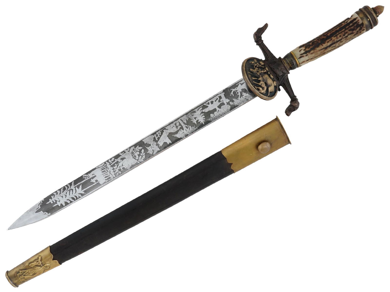 WWII GERMAN THIRD REICH TYPE HUNTING DAGGER W SCABBARD: A WWII Nazi German type hunting dagger featuring a double edged blade with the etched lettering Gott Mitt Uns, God With Us, on the recto side, and etched design representing trees and animals on the v