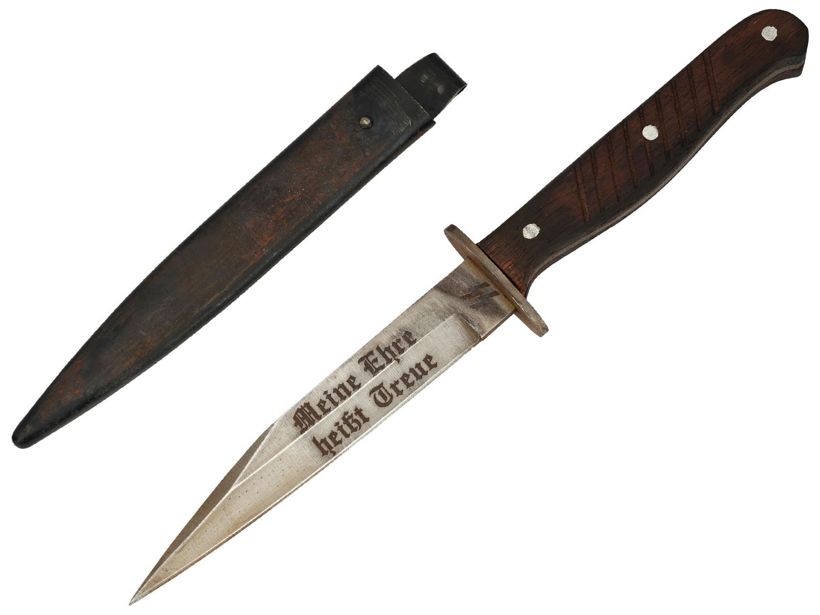 WWII TYPE NAZI GERMAN CLOSE COMBAT DAGGER IN SHEATH: A World War II model German close combat knife, the Nahkampfmesser. Stainless-steel blade with etched SS and Reichsadler symbols, motto Meine Ehre heisst Treue, My Honor is Loyalty. Wooden handle. Ste