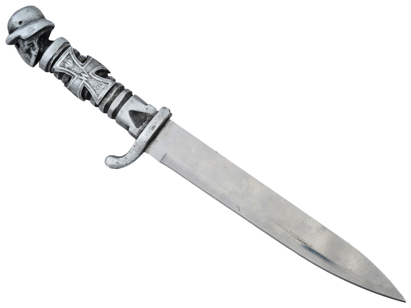 WWII TYPE NAZI GERMAN FIGHTING DAGGER SKULL IN HELMET: A WWII type Nazi German fighting dagger. Features a sharply pointed blade designed for close combat, a ribbed hilt, and a hooked quillon that adds both functionality and a distinct visual element. The