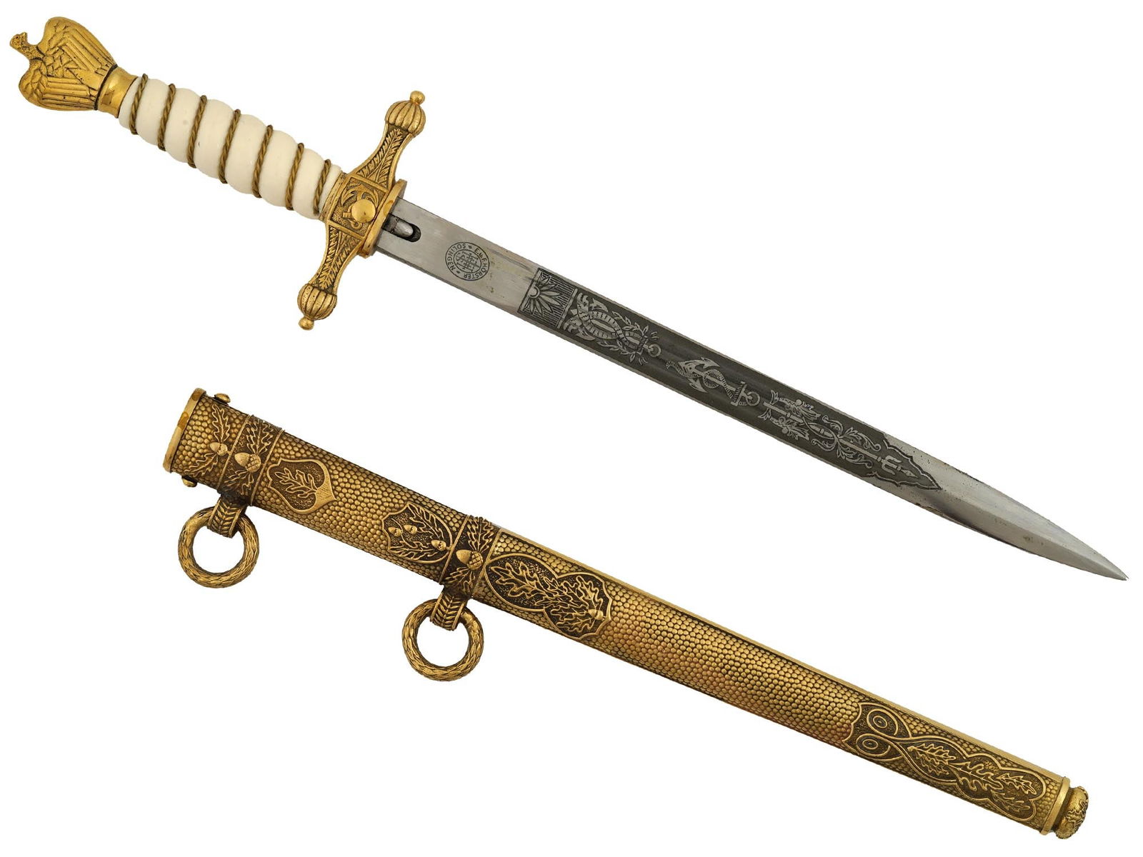 WWII TYPE GERMAN KRIEGSMARINE NAVY PRESENTATION DAGGER: A WWII type German Kriegsmarine Navy presentation dagger with a twisted brass wire wrapped beige celluloid handle. The pommel depicts a relief eagle swastika figurine. Comes with a beautifully detaile