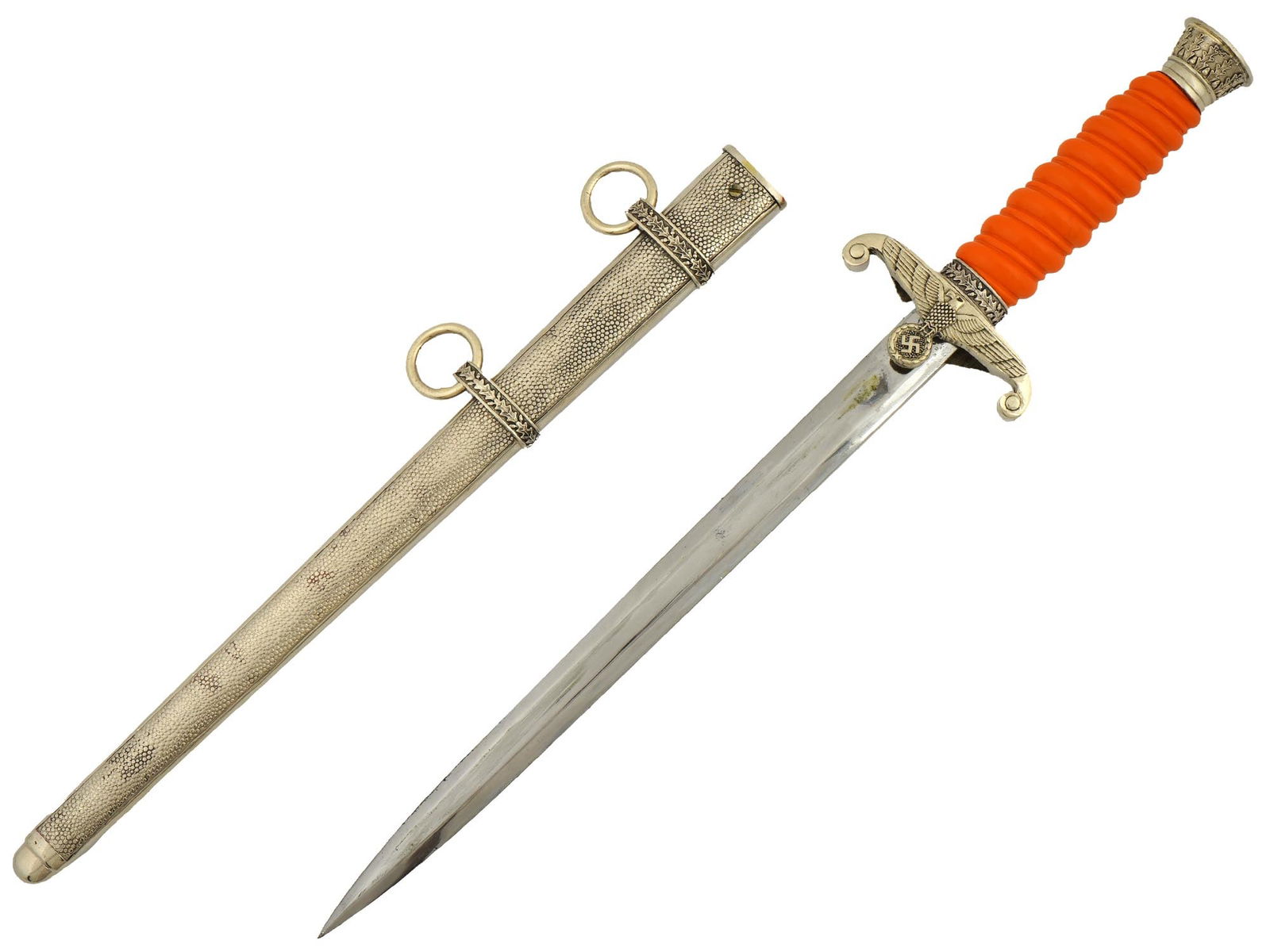 WWII TYPE GERMAN ARMY OFFICERS DAGGER: A WWII Nazi German army officers dagger features a forged steel nickel-silver plated construction, and a stiletto-style blade with a flat central ridge. The obverse crossguard shows the embossed army-