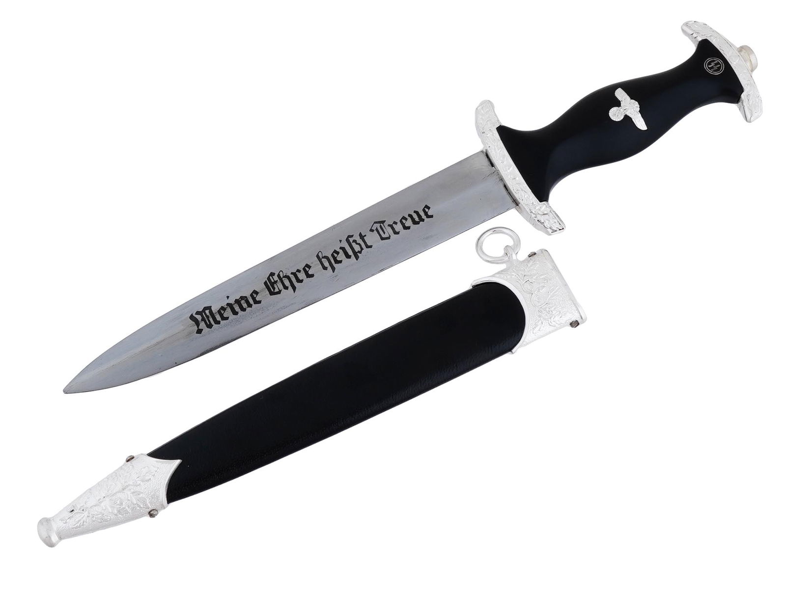 GERMAN WWII SS TYPE HONOR DAGGER HIMMLERS INSCRIPTION: A World War II model Nazi German SS Ehrendolch or honor dagger. The stainless steel blade is garnished with etching, the motto Meine Ehre Heisst Treue, Loyalty is My Honour. Black ebony grip and scabb