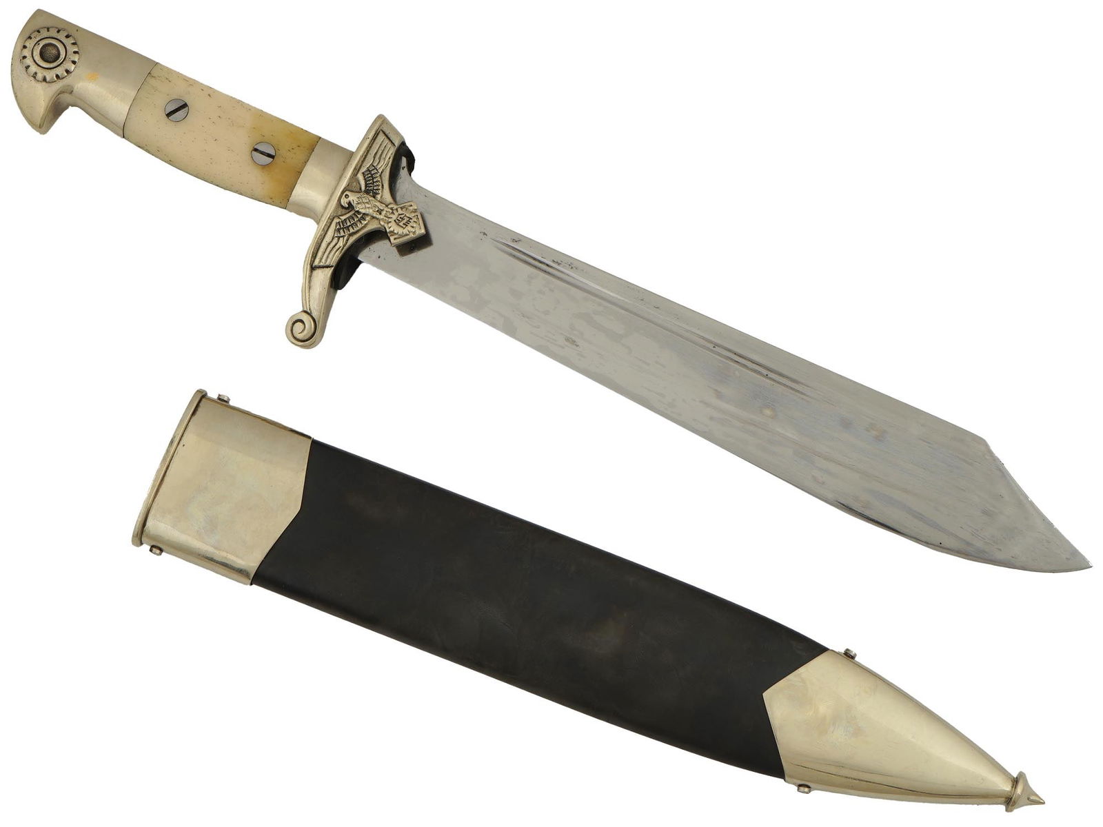 WWII TYPE GERMAN TENO ENLISTED HEWER DAGGER: A WWII Nazi German Teno Enlisted hewer dagger with a stainless steel one fuller blade hallmarked, Ges. Gesch., Original Eickhorn Solingen. The silver nickel cross guard with a scroll features the Nazi