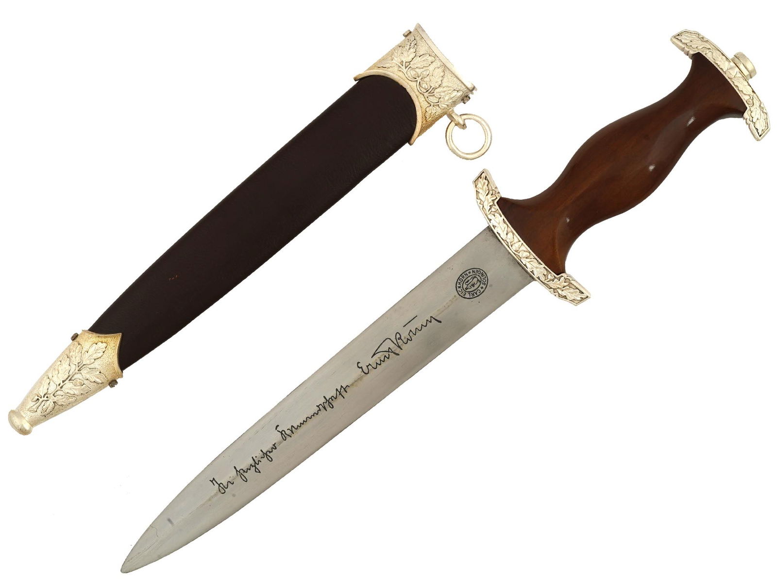 WWII SA GERMAN DAGGER KNIFE ALLES FUR DEUTSCHLAND: A German World War II type SA dagger with a double edged steel blade having a blued motto in German: Alles fur Deutschland, translated as Everything for Germany. Features a fruitwood grip with an appl