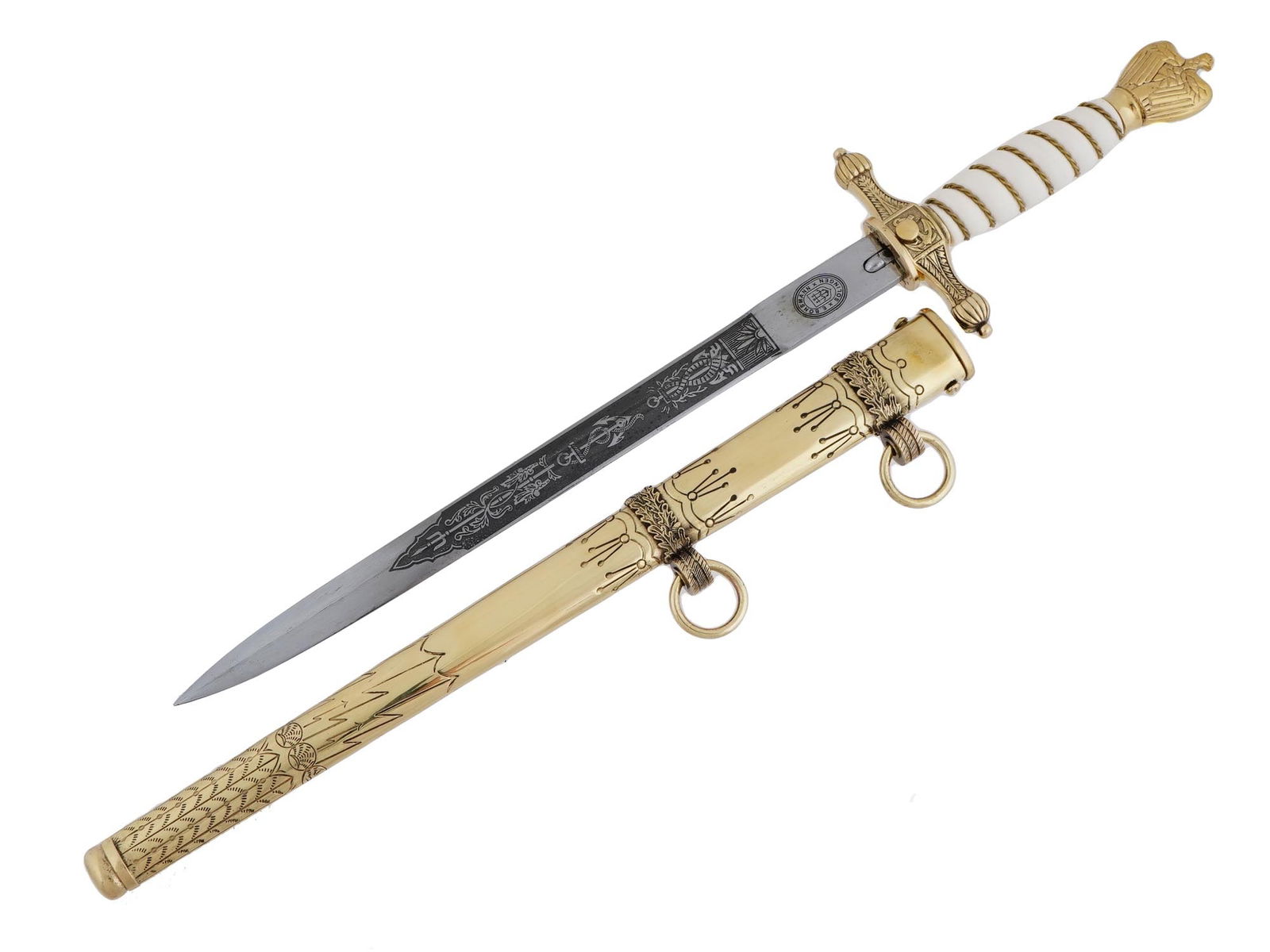 WWII TYPE GERMAN DAGGER BY BONSMANN SOLINGEN: A WWII type Nazi German Third Reich Kriegsmarine Admirals dagger. The grip is covered with white cellulose and decorated with a gilt brass wired bound. The figural pommel features a gilt brass eagle s