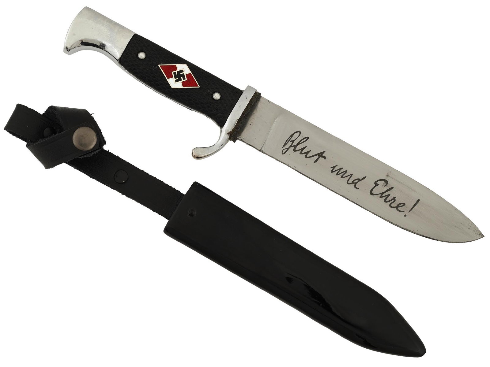 WWII TYPE GERMAN HITLER JUGEND COMBAT KNIFE IN SHEATH: A World War II type German close combat knife, the Nahkampfmesser. Stainless steel blade, black bakelite handle with the Hitler Jugend emblem. Black leather sheath. The Hitler Youth was the youth orga