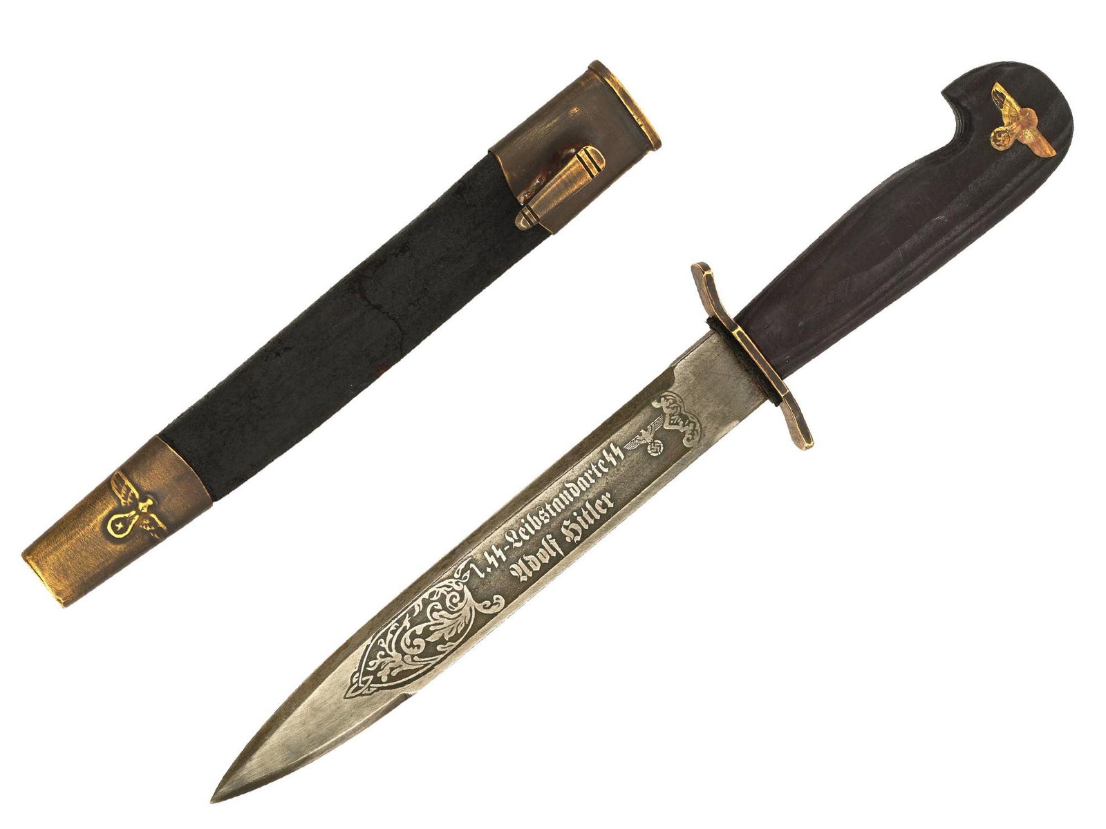 WWII TYPE GERMAN SS PRESENTATION KNIFE W SCABBARD: A German WWII SS Leibstandarte SS Adolf Hitler presentation bayonet with scabbard. Features a carved wood brass mounted handle and a steel blade engraved with inscription in German. Second World War G