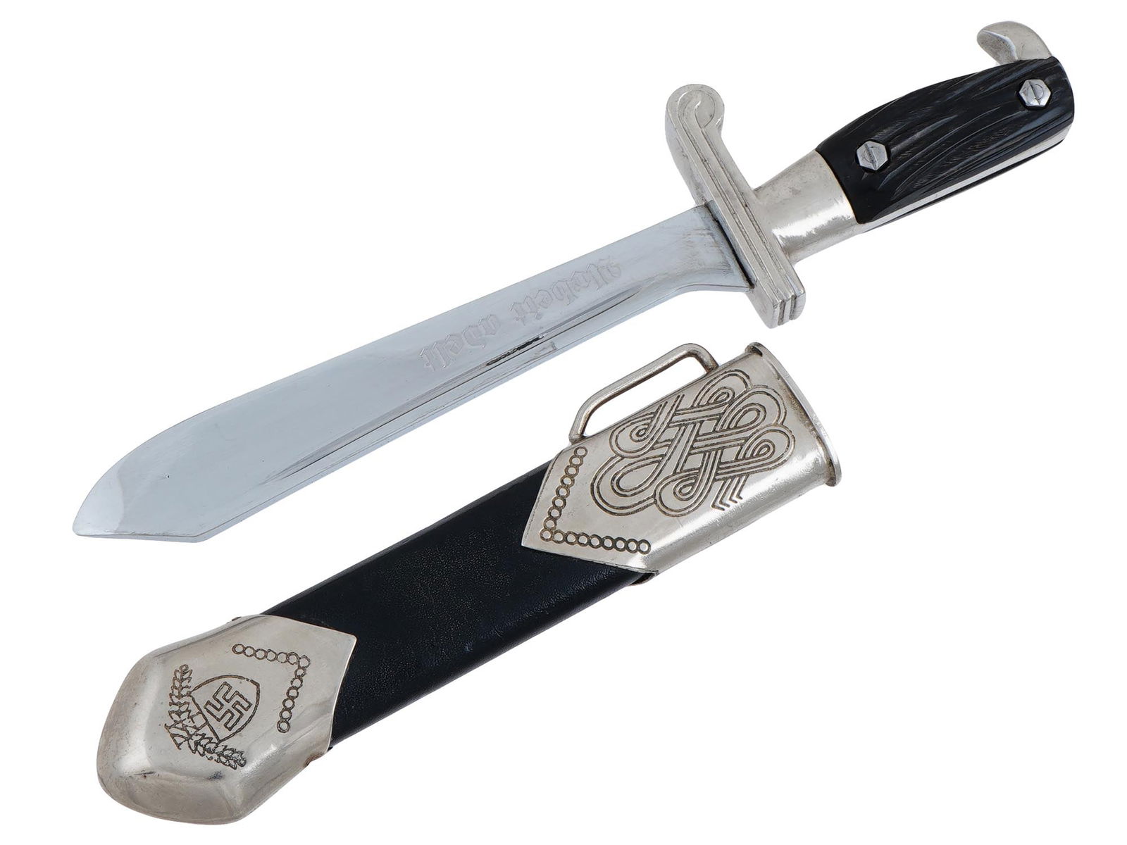 GERMAN WWII TYPE RAD LABOR FRONT MINIATURE DAGGER: A WWII type Nazi German miniature stainless steel dagger with a matching black leather scabbard. The dagger has a hardwood grip. The blade is decorated with an acid etched inscription Arbeit adelt, Wo