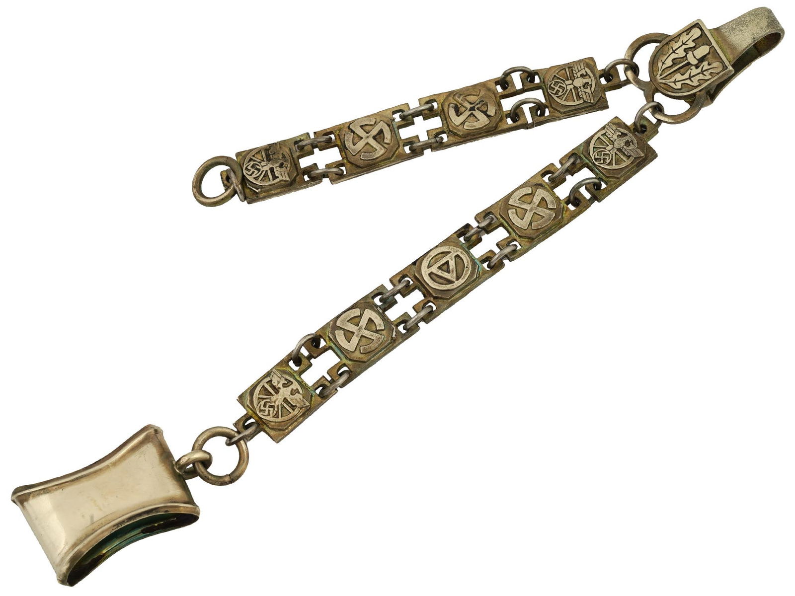 WWII TYPE GERMAN THIRD REICH NSKK DAGGER HANGER: A WWII type Nazi German Third Reich NSKK dagger hanger. The hanger is made in a link design. Each link is engraved with the runic symbols and the NSKK eagle swastika insignias. An engraved oak leaves