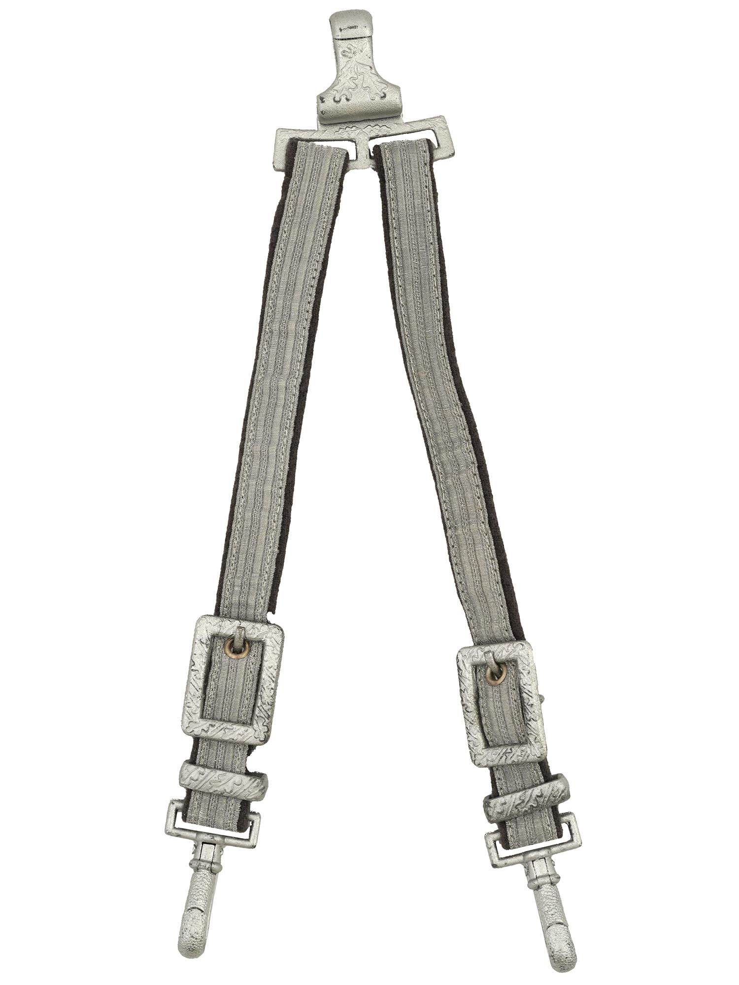 WWII TYPE GERMAN HANGERS FOR DIPLOMATIC DAGGER: A WWII Nazi German era type Diplomatic or Government Official dagger hangers. Heavy silver toned fittings with ornate embossed oak branch designed top hanger and bottom clips. Second World War German