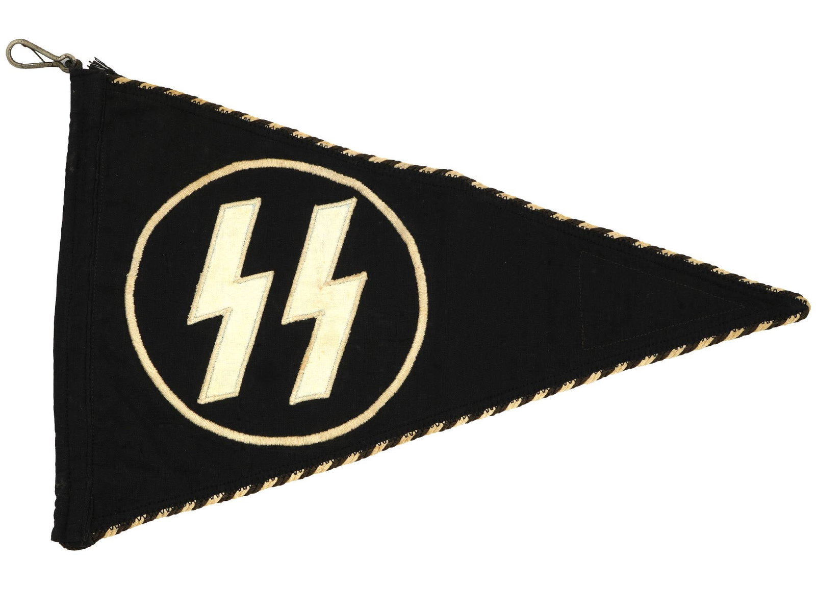GERMAN WWII DOUBLE SIDED VEHICLE PENNANT FOR SS: A WWII type Nazi German Third Reich double sided vehicle pennant for the SS. This pennant features the SS insignia, with two stylized white lightning bolt runes inside a circle, placed on a black tria