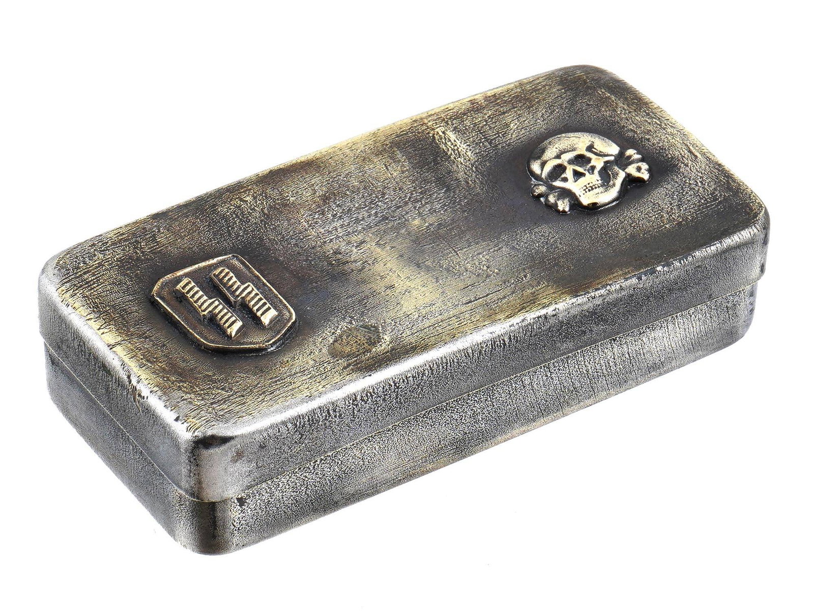 WWII MODEL NAZI GERMAN WAFFEN SS PERVITIN BOX: A World War II typw German stainless steel trinket box for medicine. The cover features relief Totenkopf and SS symbols. Embossed inscription Pervitin on the bottom. Pervitin was a Nazi German brand o