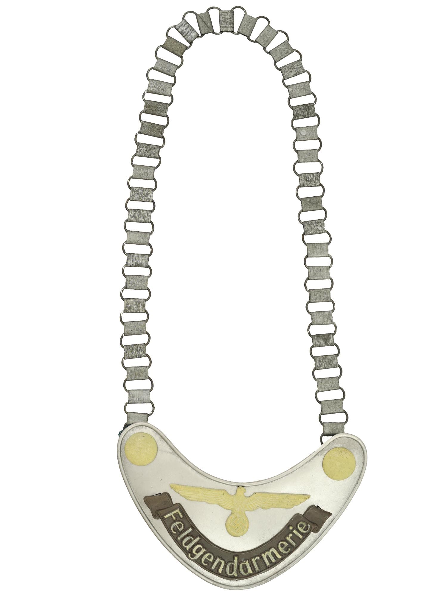 WWII GERMAN ARMY FIELD POLICE MILITARY GORGET: A WWII Nazi German Army field police Feldgendarmerie gorget. The gorget is made of stamped steel construction aluminum coated. The emblem depicts an eagle with a swastika. Inscribed, Feldgendarmerie,