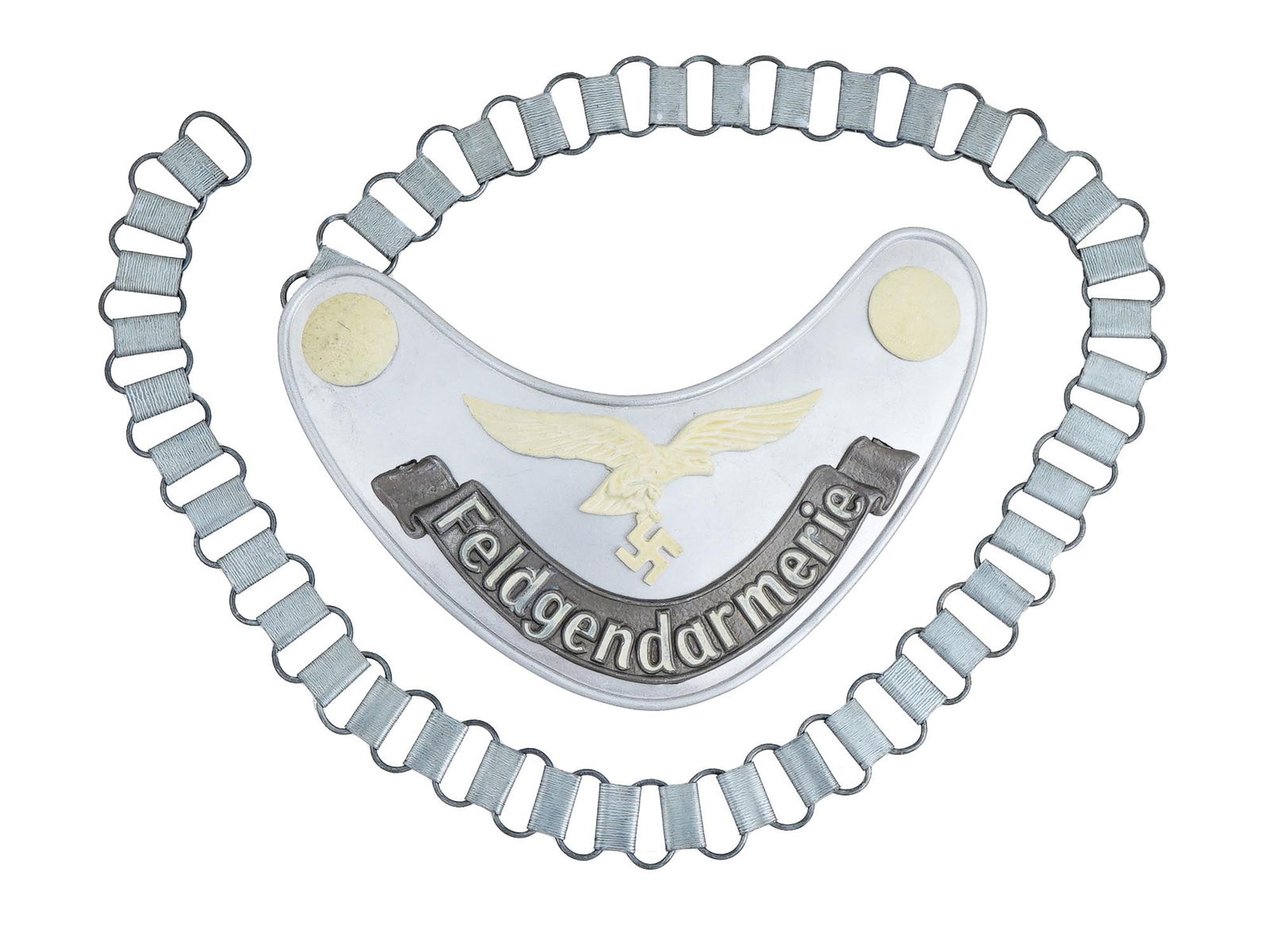 GERMAN WWII TYPE ARMY FIELD ZHANDARM GORGET W CHAIN: A WWII Nazi German era type Luftwaffe Military Field Police Feldgendarmerie gorget. The gorget is made of die stamped steel construction aluminum coated. The Luftwaffe eagle with a swastika and button