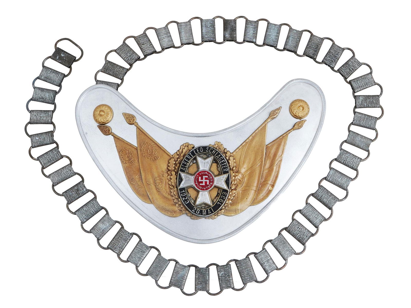GERMAN WWII TYPE NS RKB VETERANS GORGET W CHAIN: A WWII Nazi German type NS RKB National War Veterans Organization gorget. The gorget is made of die stamped steel construction aluminum coated. White metal crescent with gilt relief floral bosses in t