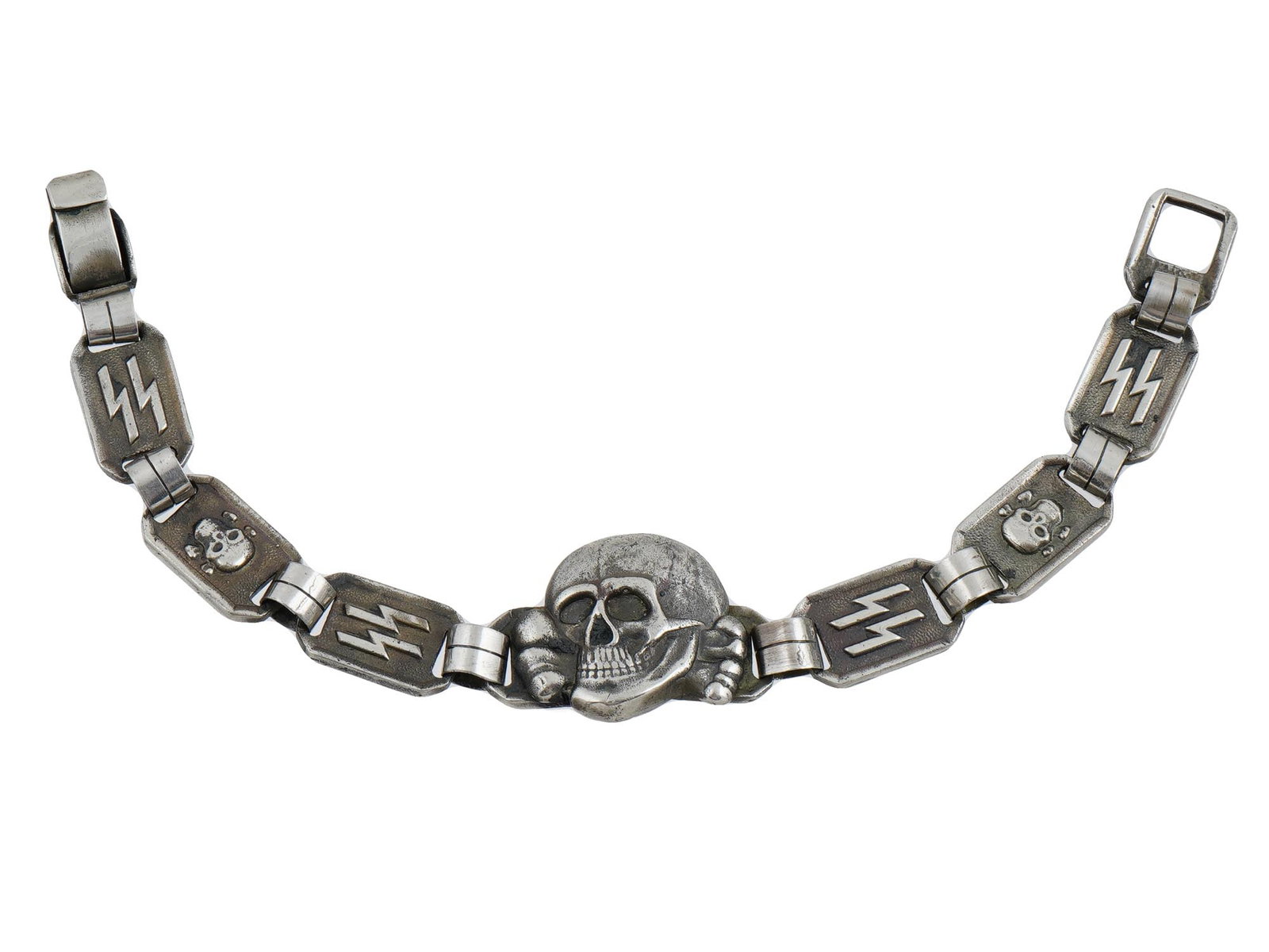 WWII MODEL NAZI GERMAN WAFFEN SS TOTENKOPF BRACELET: A WWII model Nazi German Waffen SS bracelet manufactured in a link design. The links are decorated with relief images of Totenkopf skulls and SS runes. The central link represents the relief Totenkopf