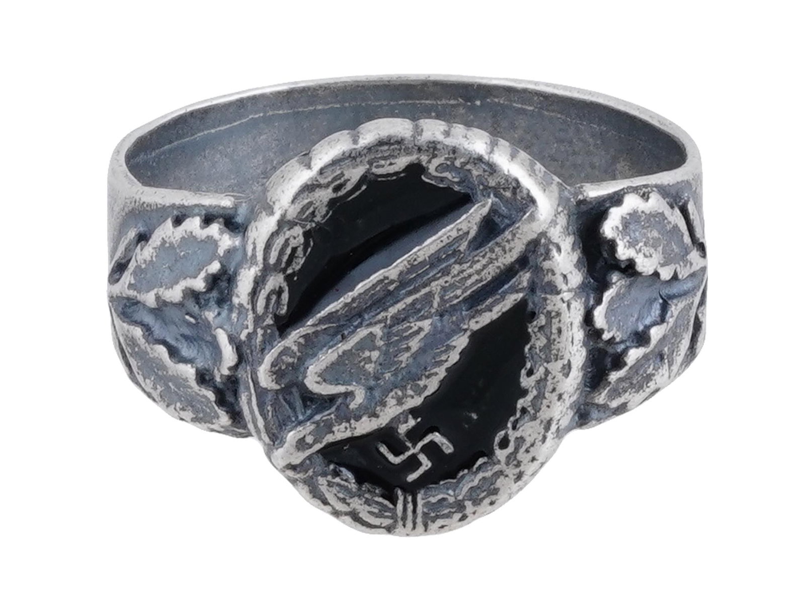 WWII MODEL GERMAN LUFTWAFFE PARATROOPER SILVER RING: A WWII model Nazi German Third Reich Luftwaffe Paratrooper silver enameled signet ring. The ring is adorned with a Nazi eagle swastika insignia in the center, surrounded by oak leaves, and covered wit