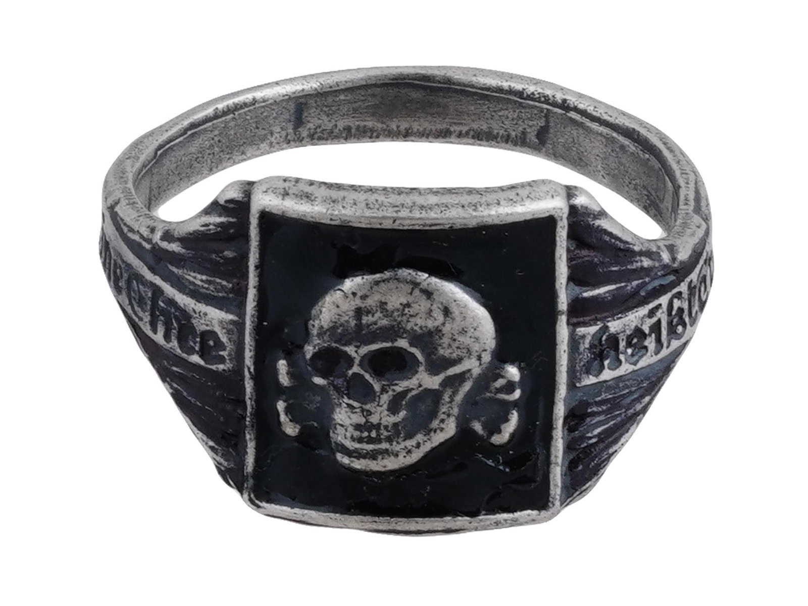 WWII MODEL NAZI GERMAN WAFFEN SS TOTENKOPF SILVER RING: A WWII model Nazi German Third Reich Panzer Waffen SS Totenkopf division officer silver signet ring. The ring is adorned with engraved patterns and an enameled image of a skull, a Totenkopf swastika i
