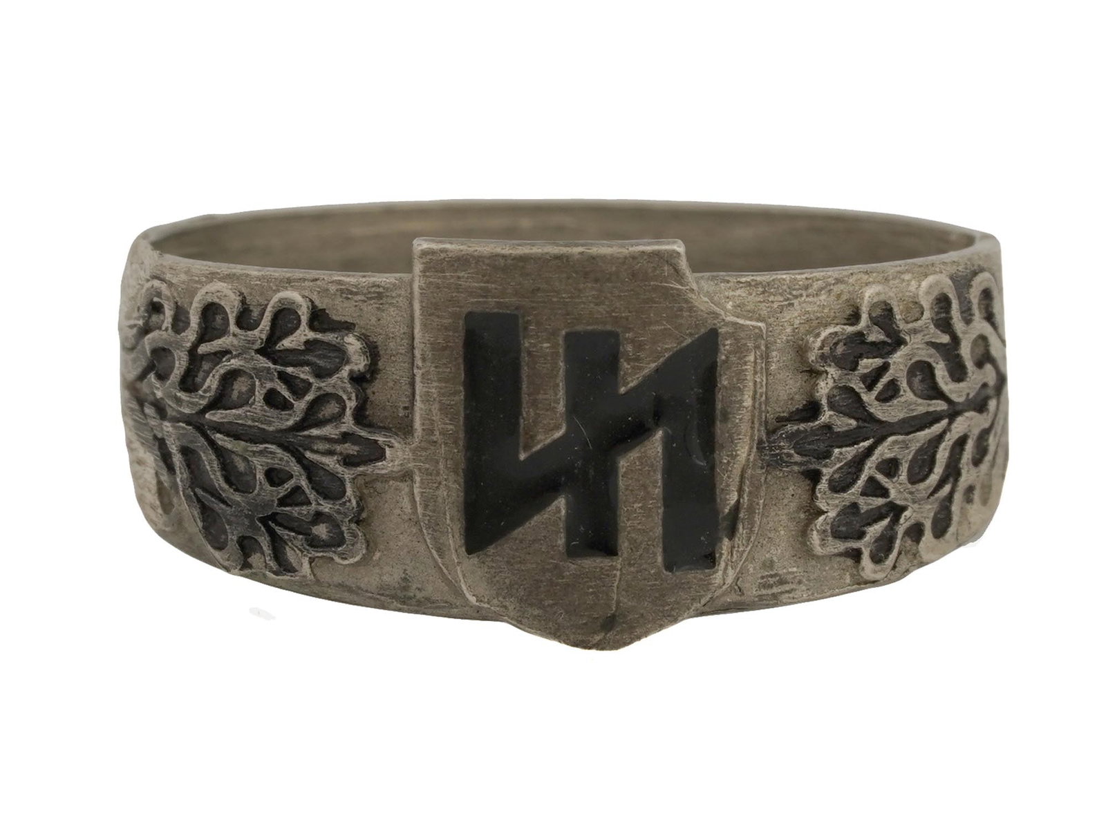 WWII MODEL NAZI GERMAN WOLFSANGEL SIGNET RING: A World War II type German silver signet ring. Wolfsangel symbol on the crown is flanked with oak leaves. Marked RZM, H. Himmler on the inside. Marked Das Reich on the backside. Presumably made of sil