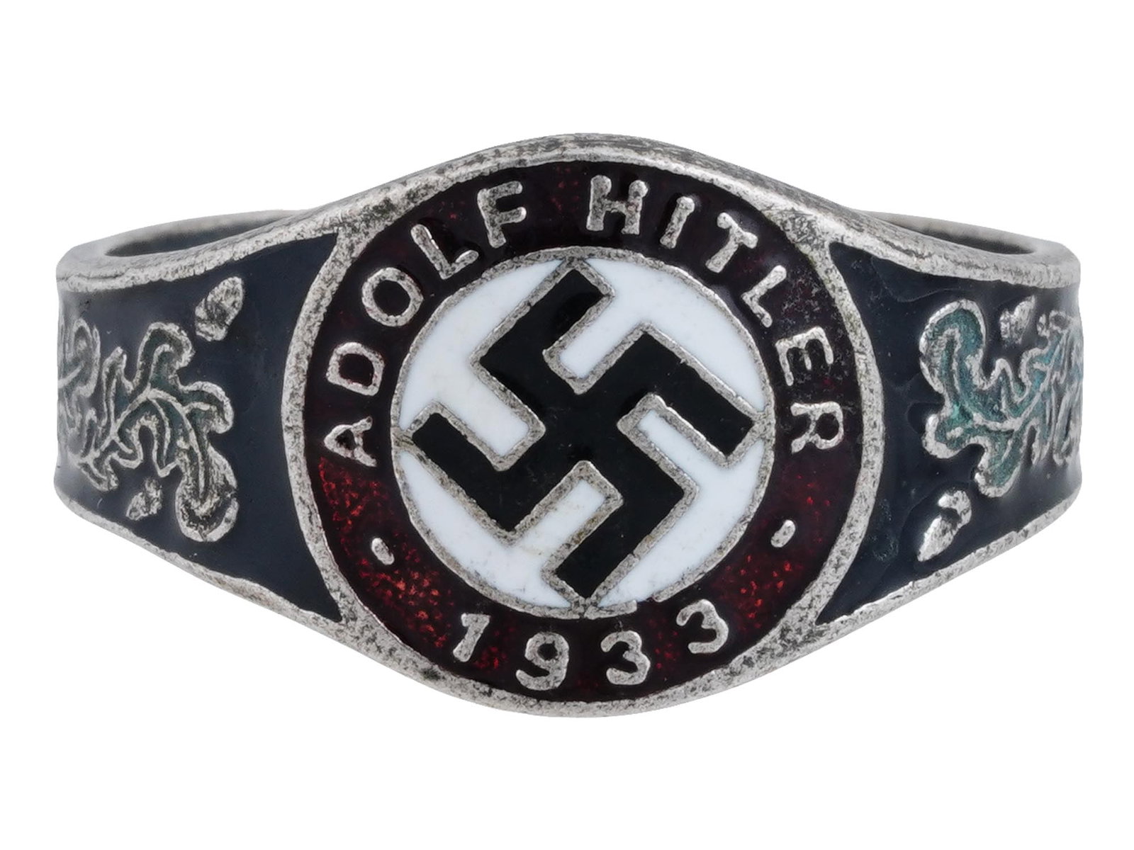 GERMAN WWII TYPE ADOLF HITLER 1933 SILVER RING: A WWII Nazi German Third Reich type Adolf Hitler 1933 elections Silver ring. The exterior of the ring is engraved with oak leaves and covered with black, red and white enamel with a swastika insignia 
