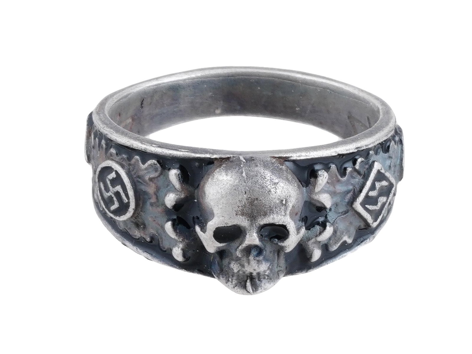 WWII MODEL NAZI GERMAN SS RUNES SIGNET RING: A World War II type German Waffen SS signet ring. Relief skull on the crown is flanked with SS runes, swastika and oak leaves. Runic inscription on the inside. Presumably made of silver. Total Weight: