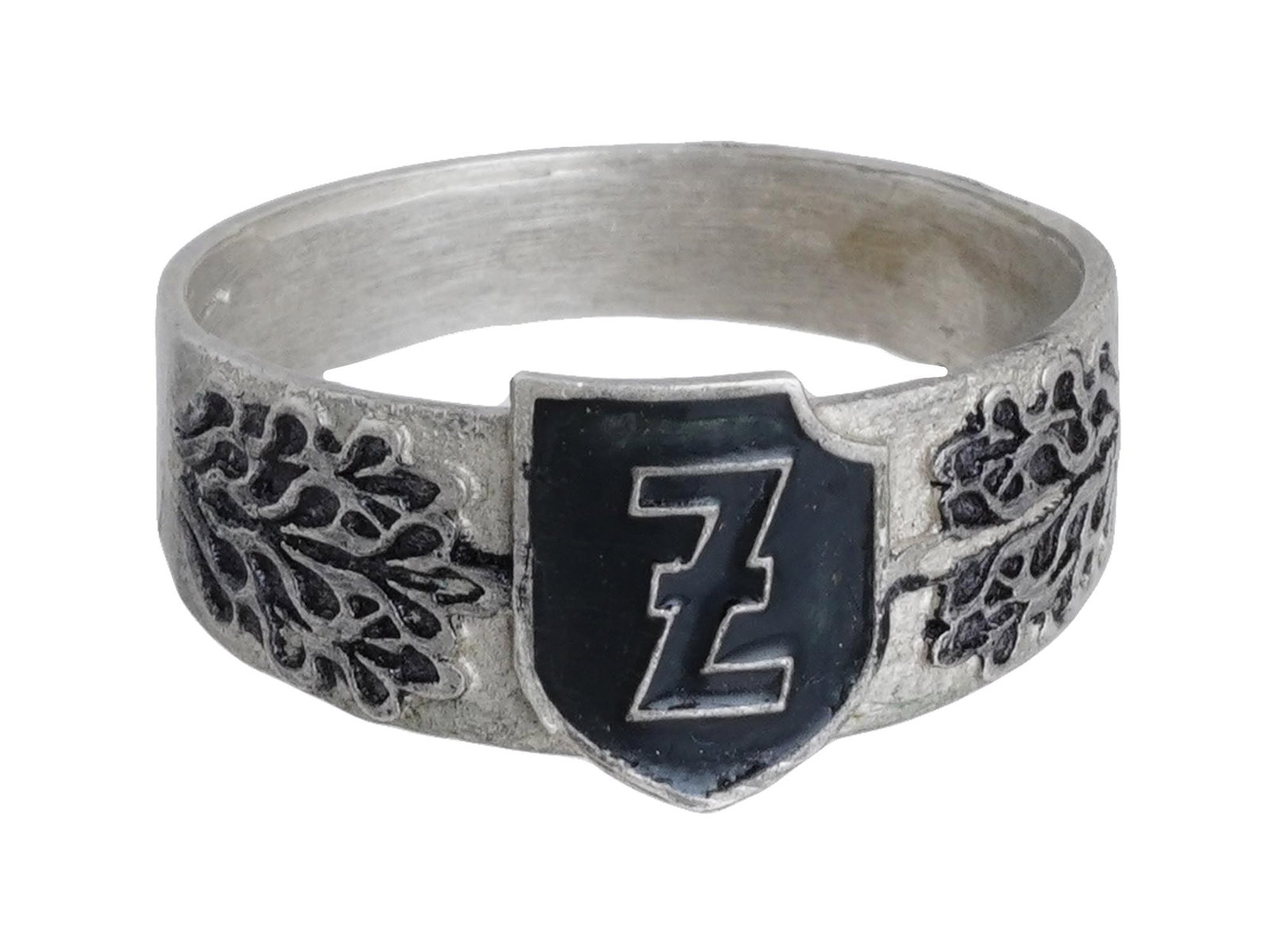 WWII MODEL NAZI GERMAN WOLFSANGEL SIGNET RING: A World War II type German silver signet ring of the 4th SS Polizei Panzergrenadier Division. Black enameled Wolfsangel symbol on the crown is flanked with oak leaves. Marked RZM, H. Himmler on the in