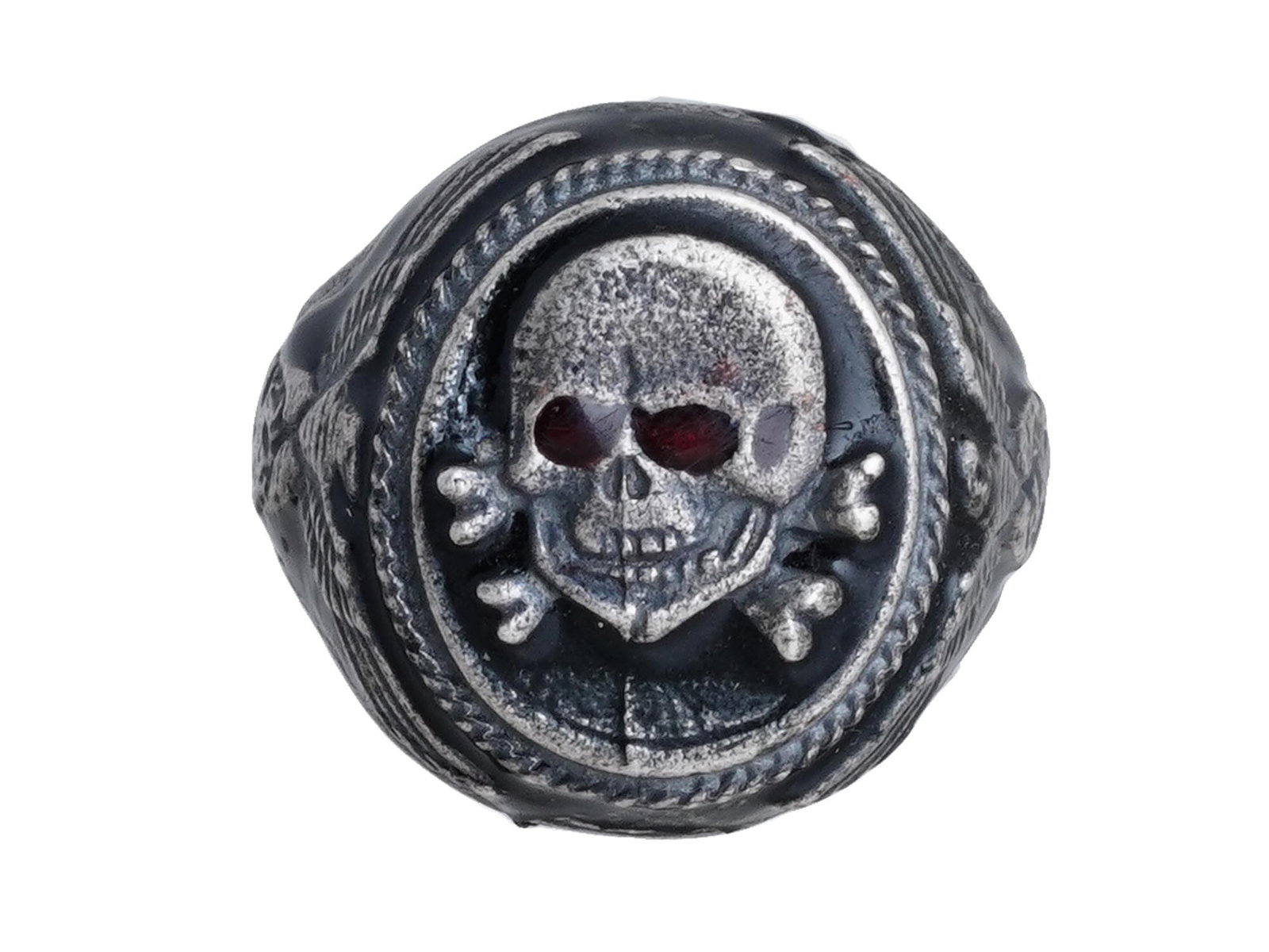WWII MODEL NAZI GERMAN SS TOTENKOPF SIGNET RING: A World War II type German Waffen SS Division Totenkopf silver signet ring. Black and red enamel accents. Marked 925 on the side. Total Weight: 10.2 grams. Second World War Third Reich Historical Coll