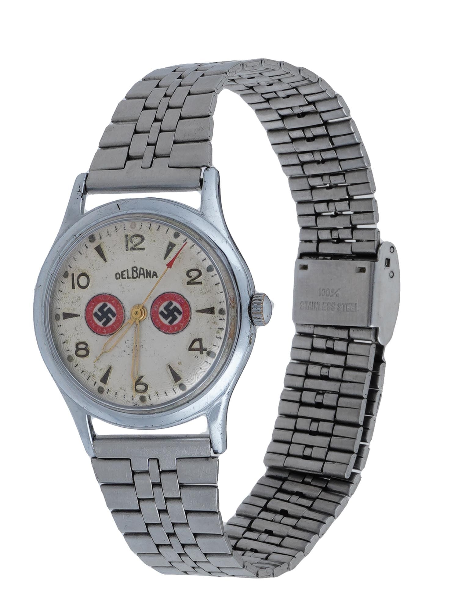 GERMAN WWII TYPE DELBANA NSDAP INCABLOC WRIST WATCH: A WWII Nazi german type mens incabloc wrist watch by Delbana. Swiss made, antimagnetic, waterproof. Round stainless steel case with single crown. A white enamelled dial with black Arabic numerals and 