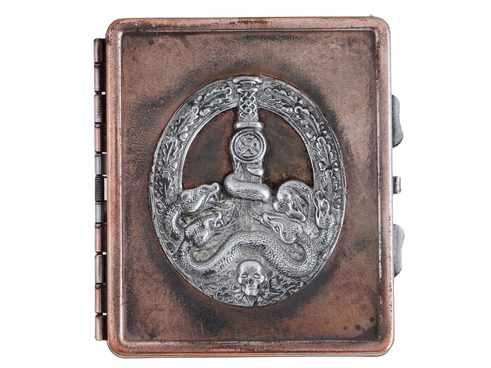 GERMAN WWII TYPE CIGARETTE CASE WITH EMBLEM: A World War II type Nazi German cigarette case with a hinged cover featuring an overlay decor emblem For the fight against the partisans. Inside it holds a spring hallmarked RZM, SS and WaA-142. Secon