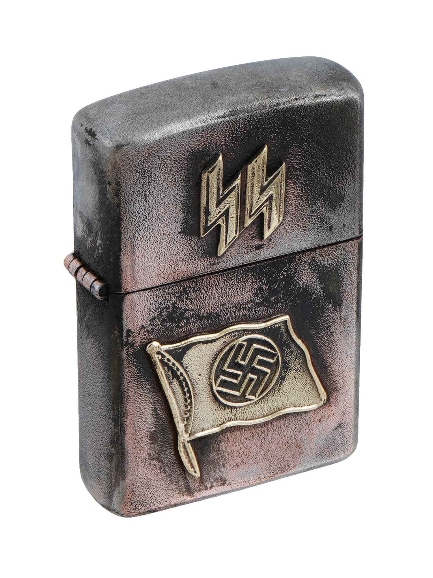 WWII TYPE GERMAN THIRD REICH ZIPPO CIGARETTE LIGHTER: A WWII type German Third Reich Zippo style metal gas lighter. Features a gilt SS emblem on the lid and a gilt flag of Nazi Germany with swastika on the case. Hallmark RZM is on the bottom. World War I