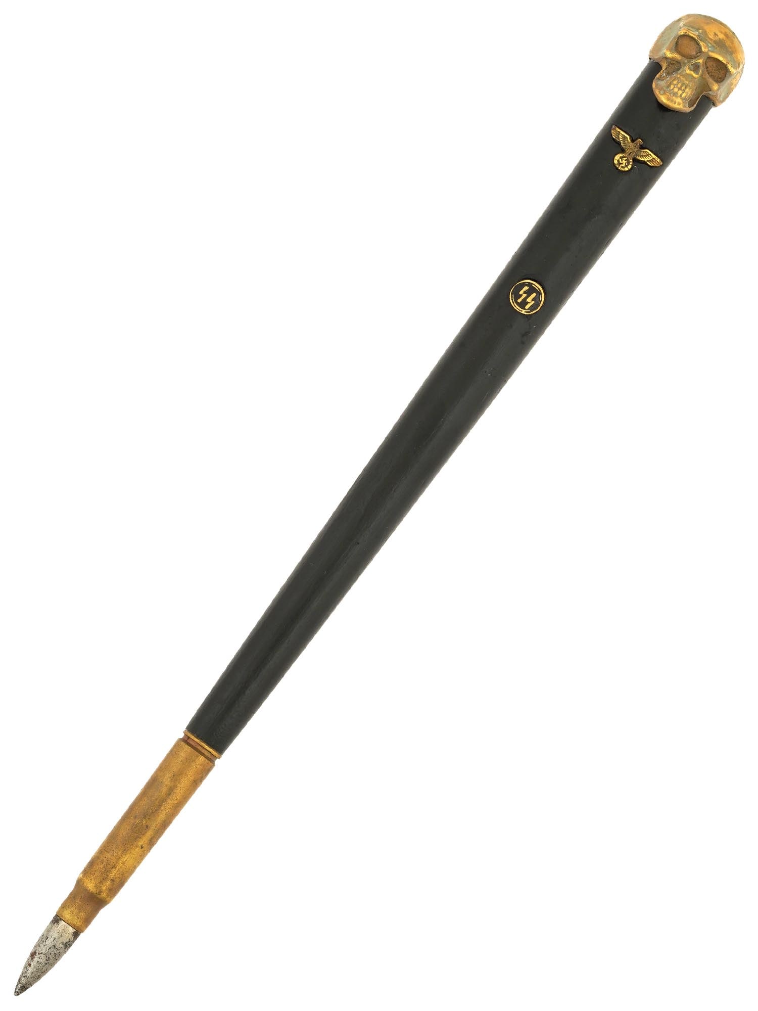 GERMAN WWII TYPE POINTER FROM SS ACADEMY: A World War II Nazi German era type teachers pointer from an SS Academy. Black painted wooden body with brass fittings and overlay SS and Reichsadler emblems. Totenkopf finial. The Schutzstaffel, or S