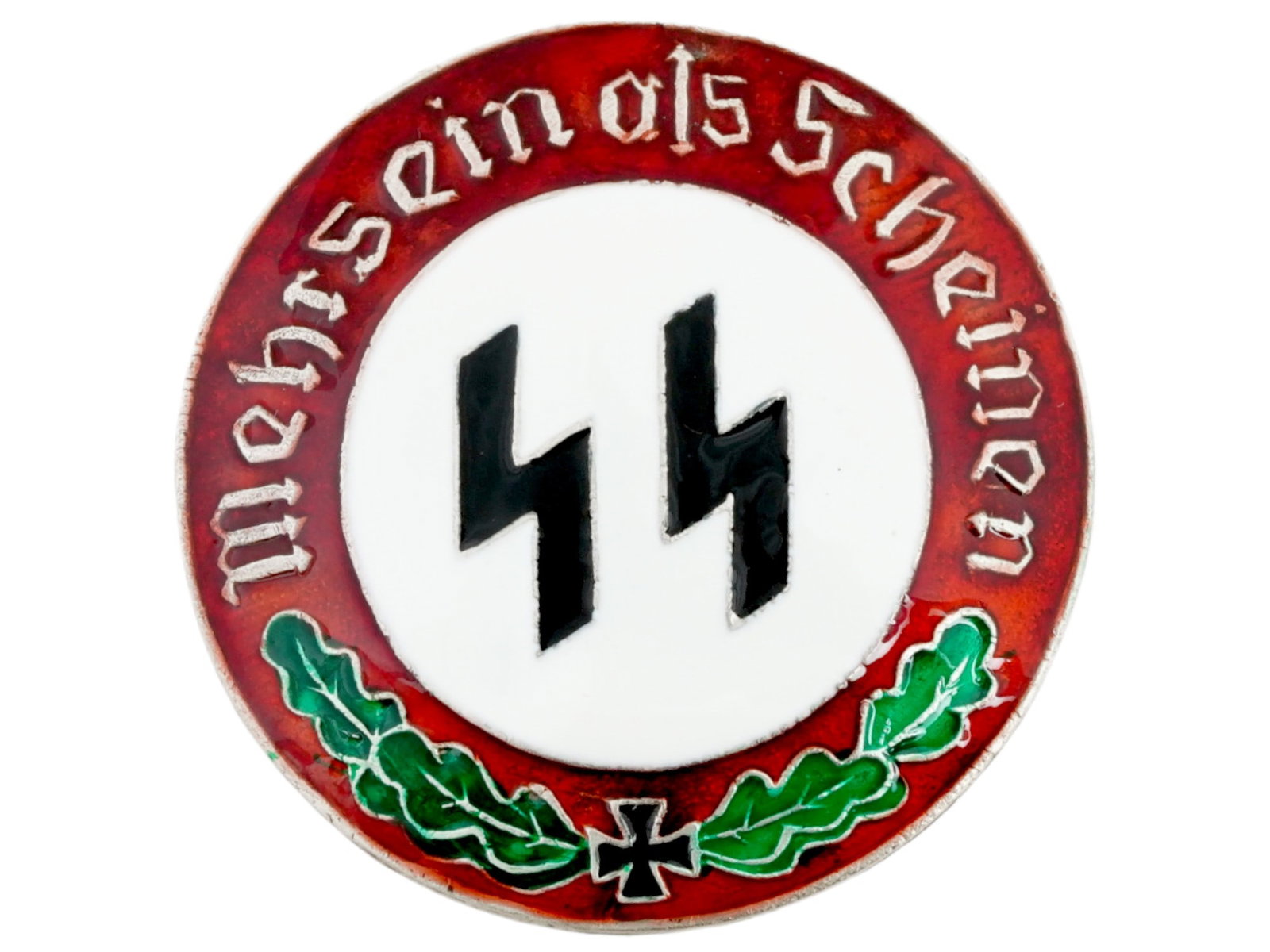 WWII TYPE GERMAN WAFFEN SS ENAMELED BADGE: A German Third Reich WWII type Waffen SS badge enameled on the front side with two black Sig runes in a white circle. On a burgundy red edging, depict oak leaves and German inscription Mehr Sein Als S